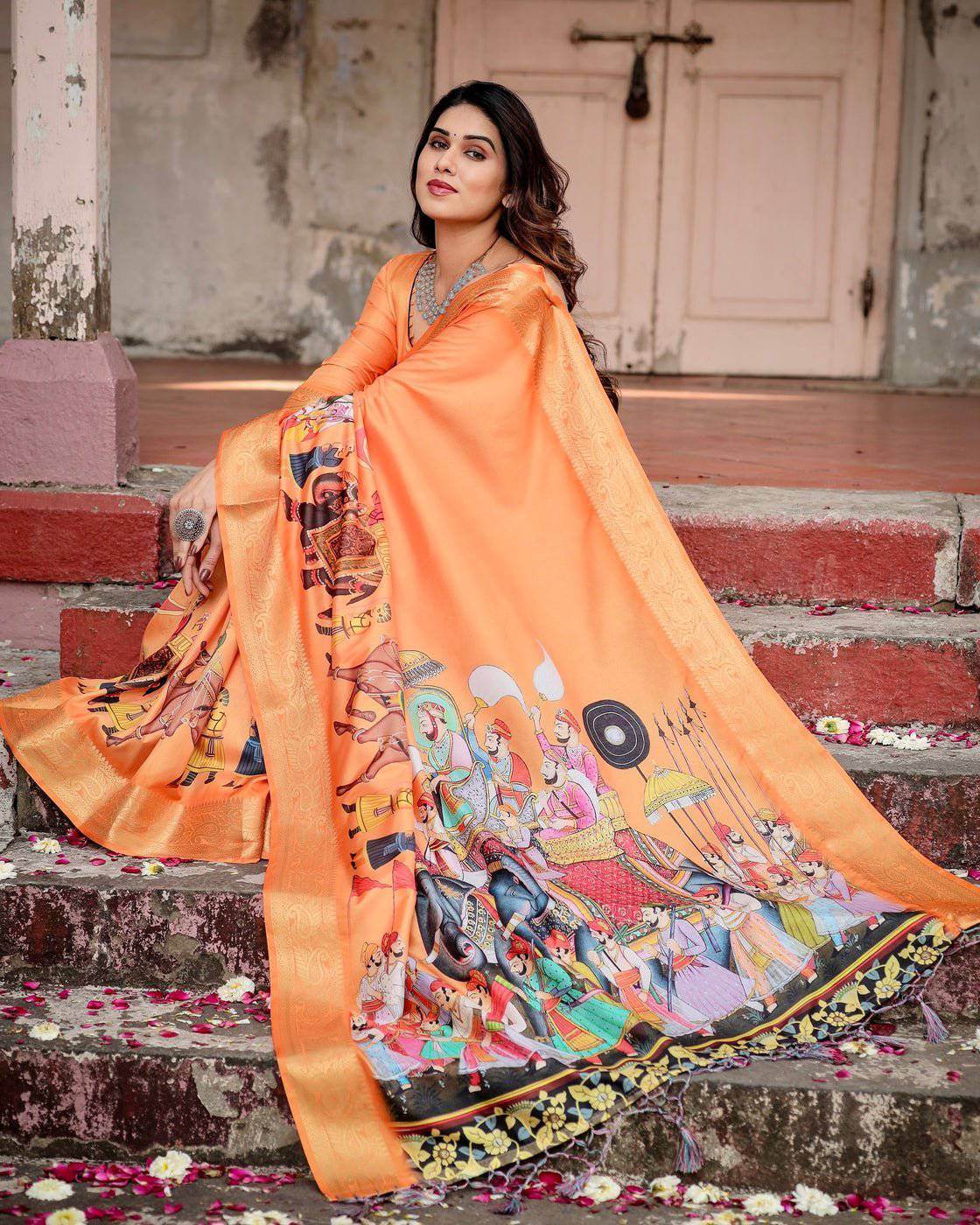 Sunset Orange Tussar Silk Saree with Royal Procession Pallu and Zari Border - SEEANS