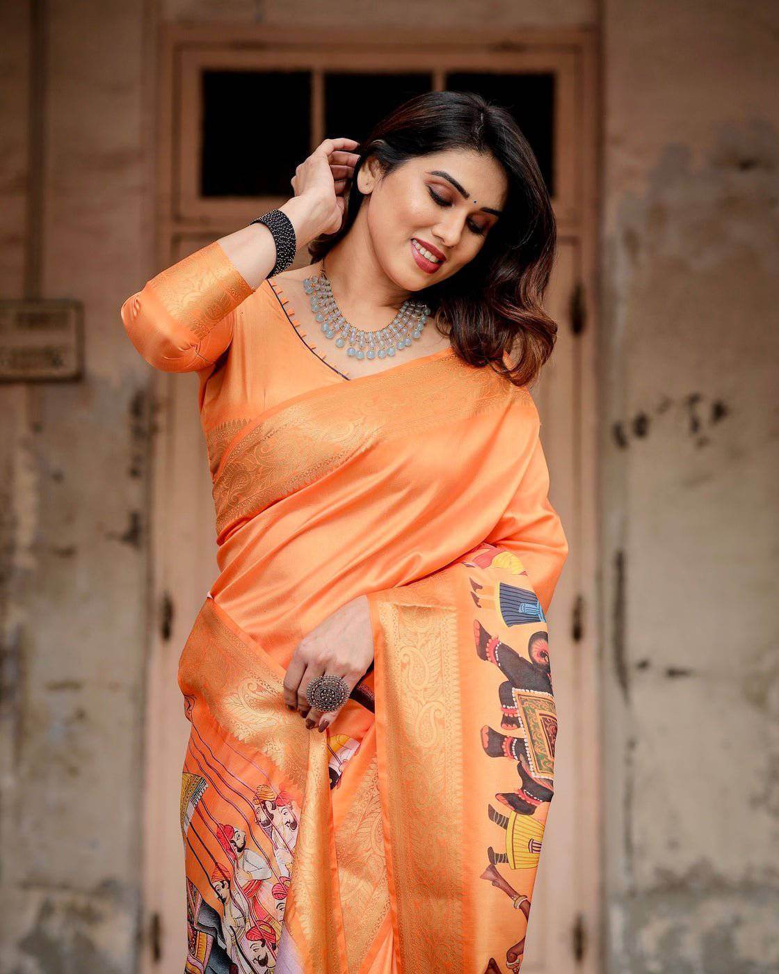 Sunset Orange Tussar Silk Saree with Royal Procession Pallu and Zari Border - SEEANS