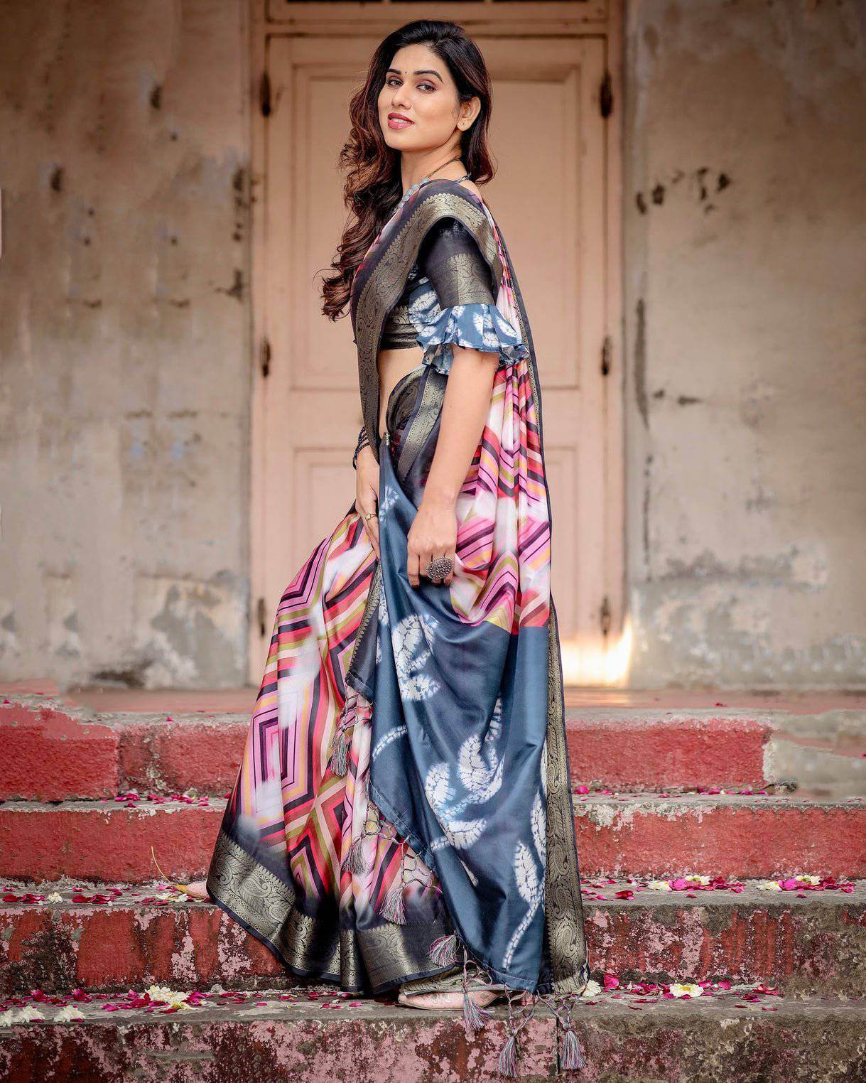 Geometric Multicolor Tussar Silk Saree with Charcoal Gray Zari Border and Abstract Pallu - SEEANS