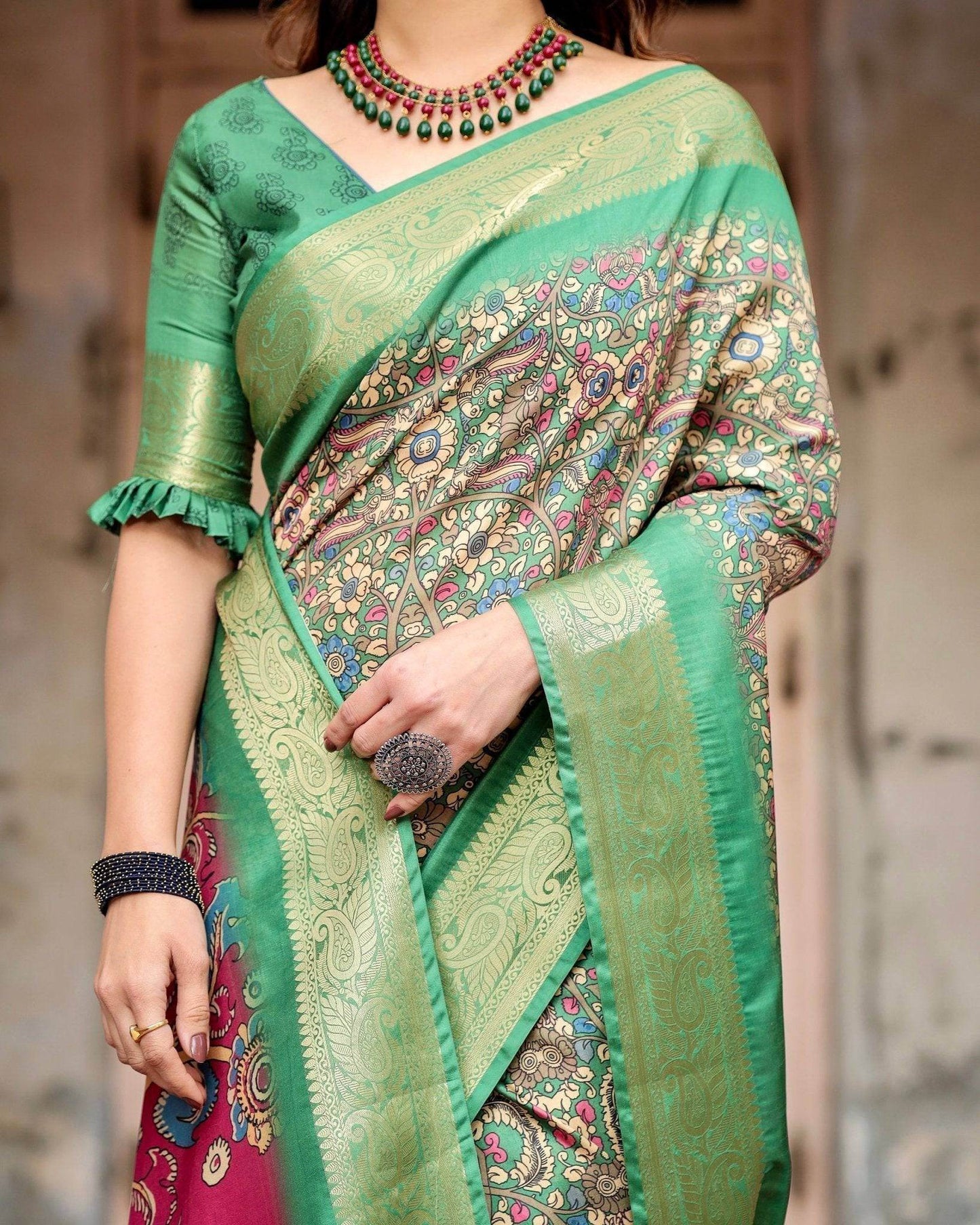 Emerald Green & Magenta Tussar Silk Saree with Zari Weave and Tassel Finish - SEEANS
