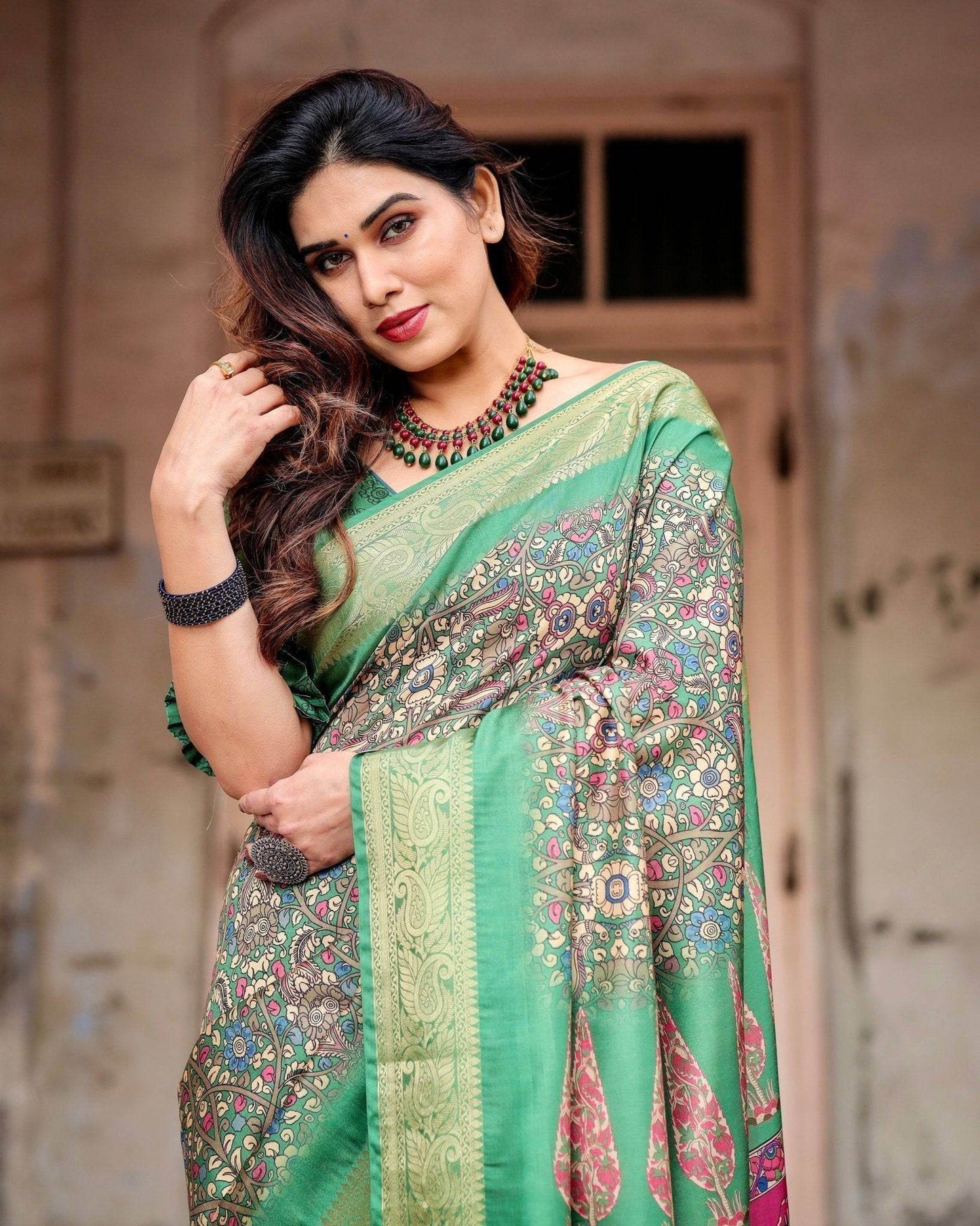 Emerald Green & Magenta Tussar Silk Saree with Zari Weave and Tassel Finish - SEEANS