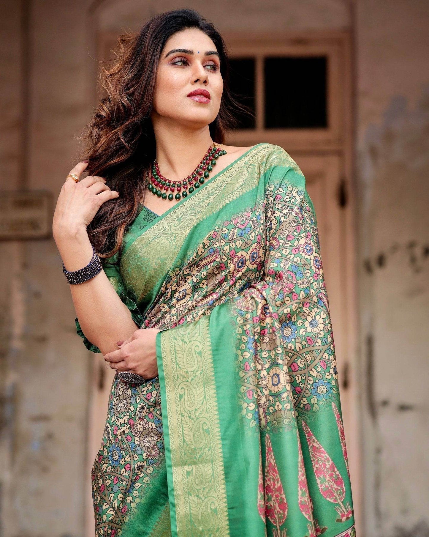 Emerald Green & Magenta Tussar Silk Saree with Zari Weave and Tassel Finish - SEEANS