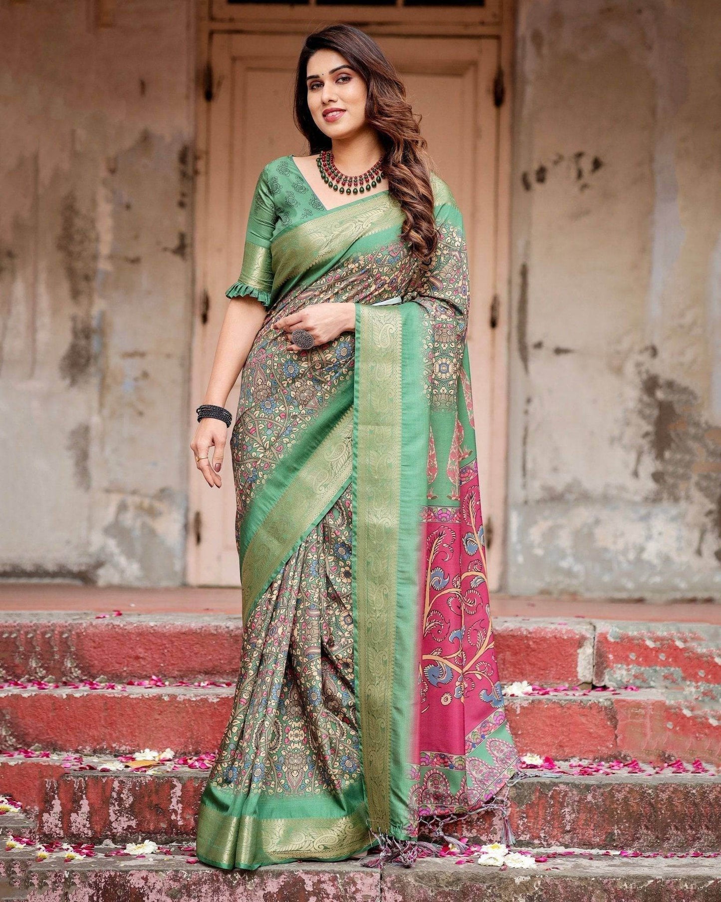 Emerald Green & Magenta Tussar Silk Saree with Zari Weave and Tassel Finish - SEEANS
