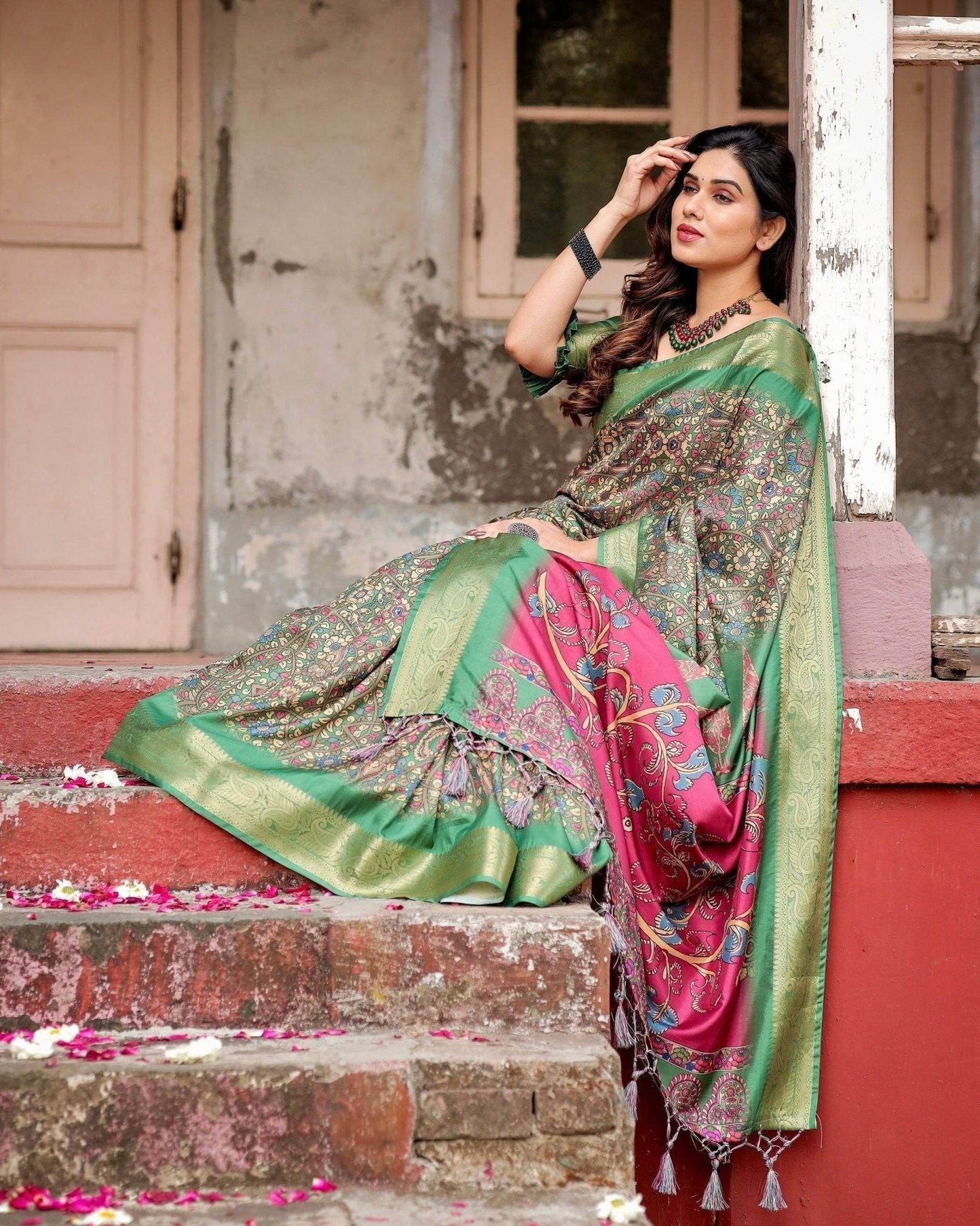 Emerald Green & Magenta Tussar Silk Saree with Zari Weave and Tassel Finish - SEEANS