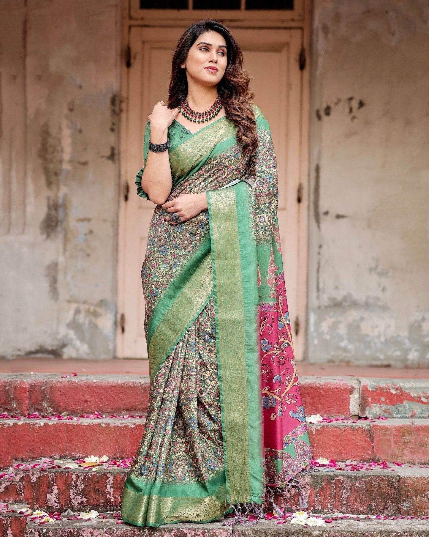 Emerald Green & Magenta Tussar Silk Saree with Zari Weave and Tassel Finish - SEEANS