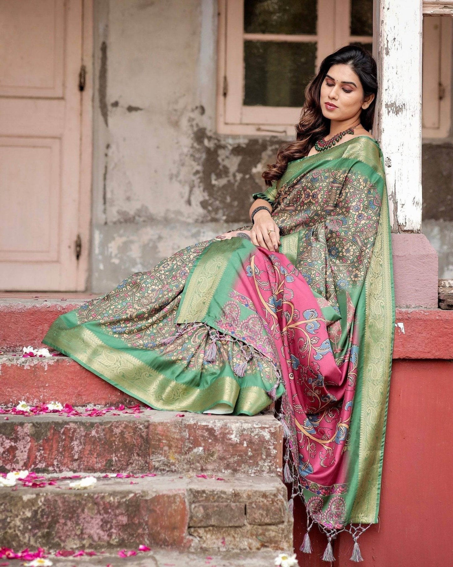 Emerald Green & Magenta Tussar Silk Saree with Zari Weave and Tassel Finish - SEEANS