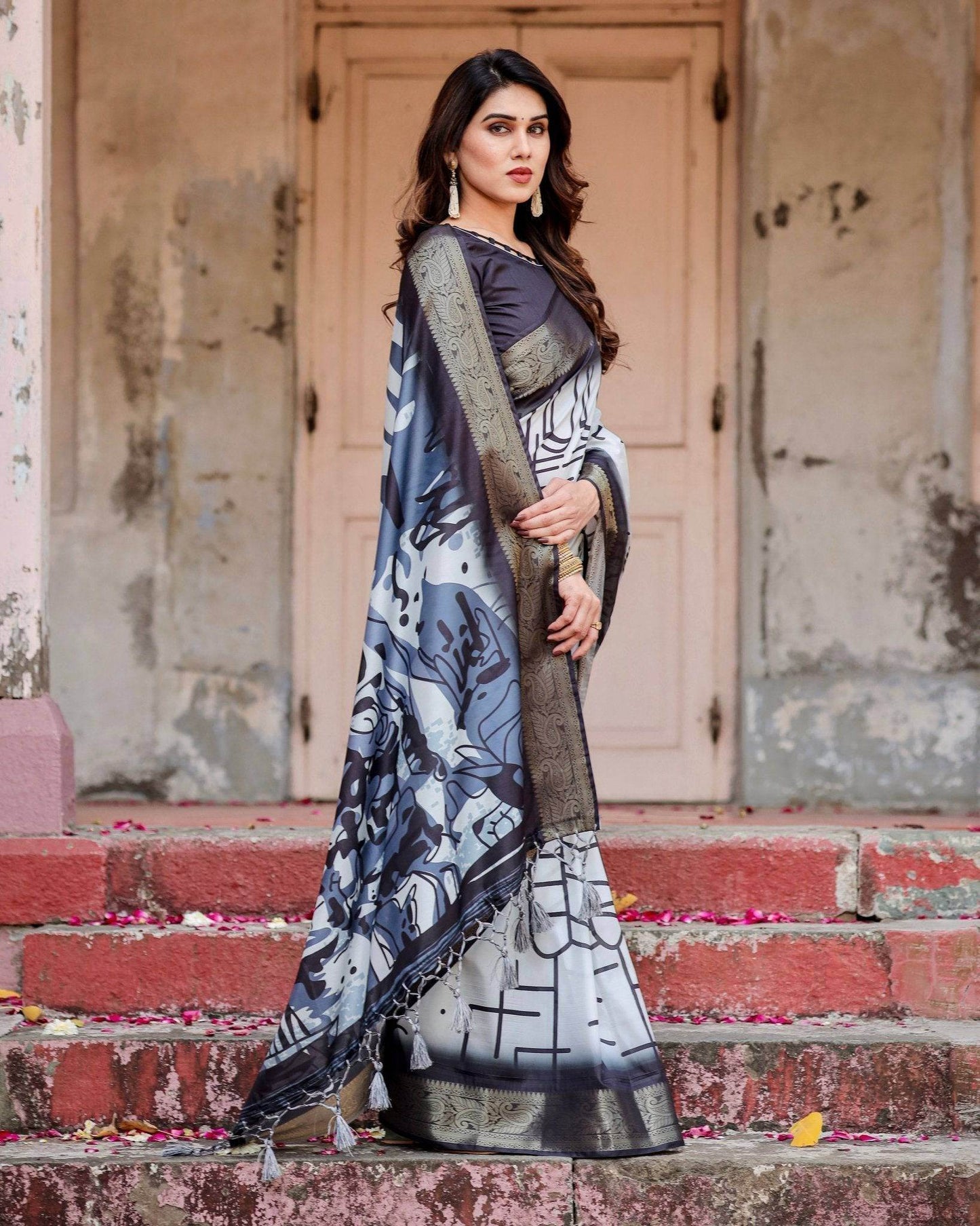 Monochrome Abstract Tussar Silk Saree with Charcoal Gray Zari Border - SEEANS