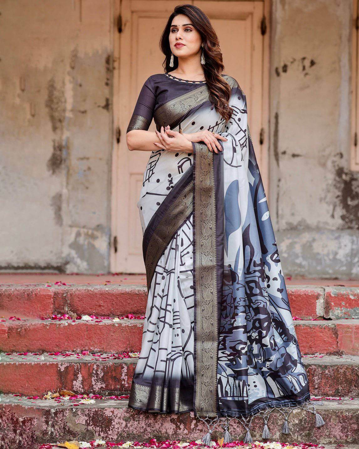 Monochrome Abstract Tussar Silk Saree with Charcoal Gray Zari Border - SEEANS