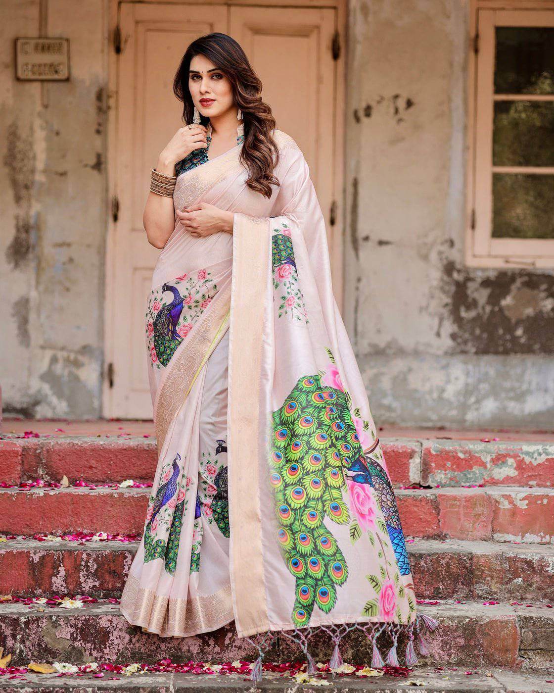 Soft Pastel Pink Tussar Silk Saree with Hand-Painted Peacock and Floral Motifs - SEEANS