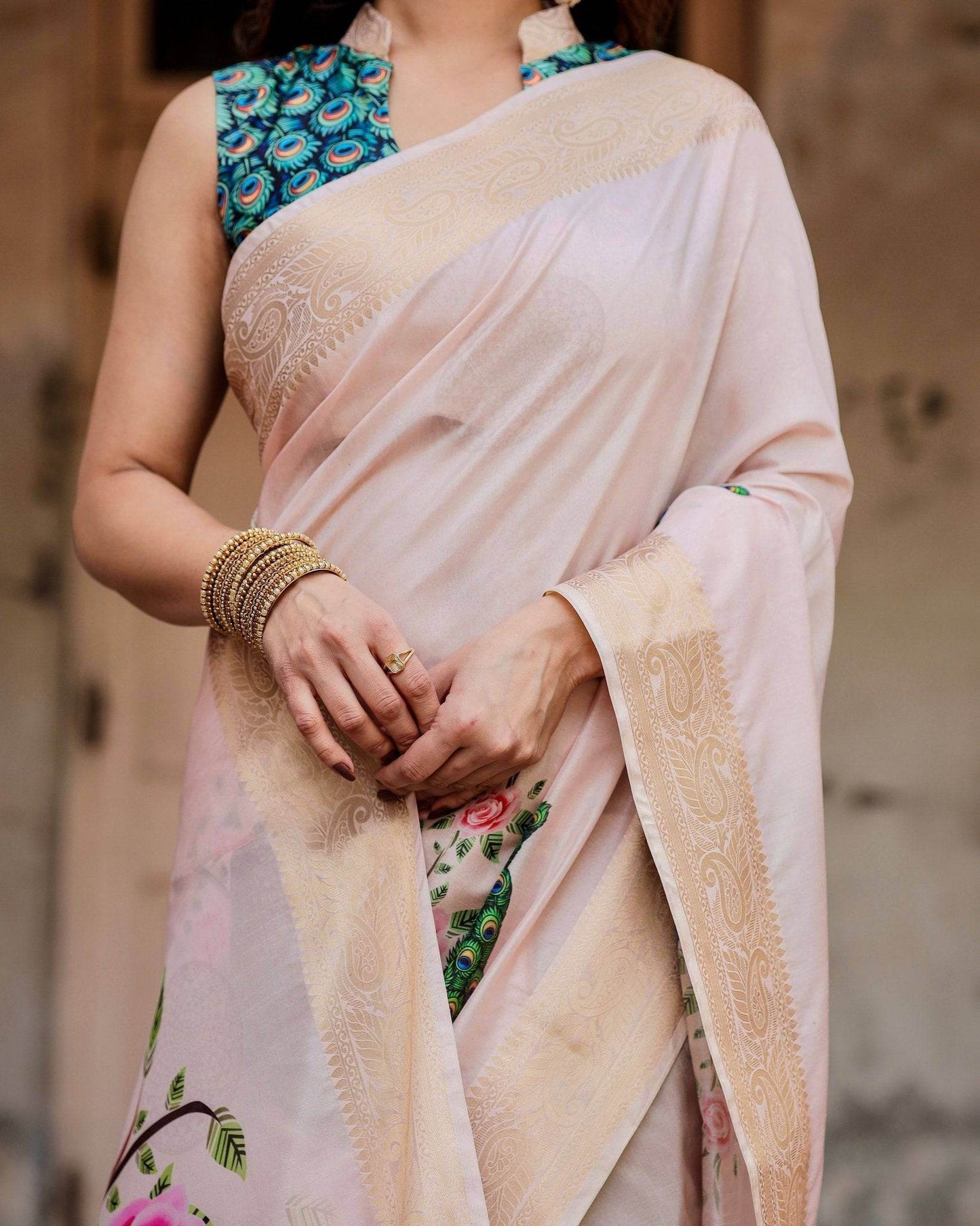Soft Pastel Pink Tussar Silk Saree with Hand-Painted Peacock and Floral Motifs - SEEANS