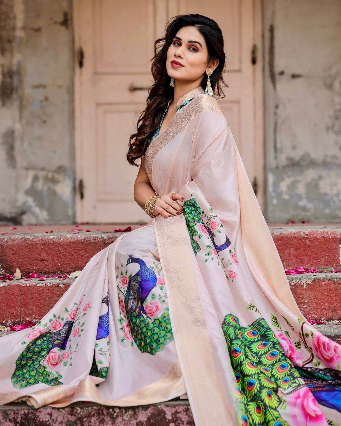 Soft Pastel Pink Tussar Silk Saree with Hand-Painted Peacock and Floral Motifs - SEEANS