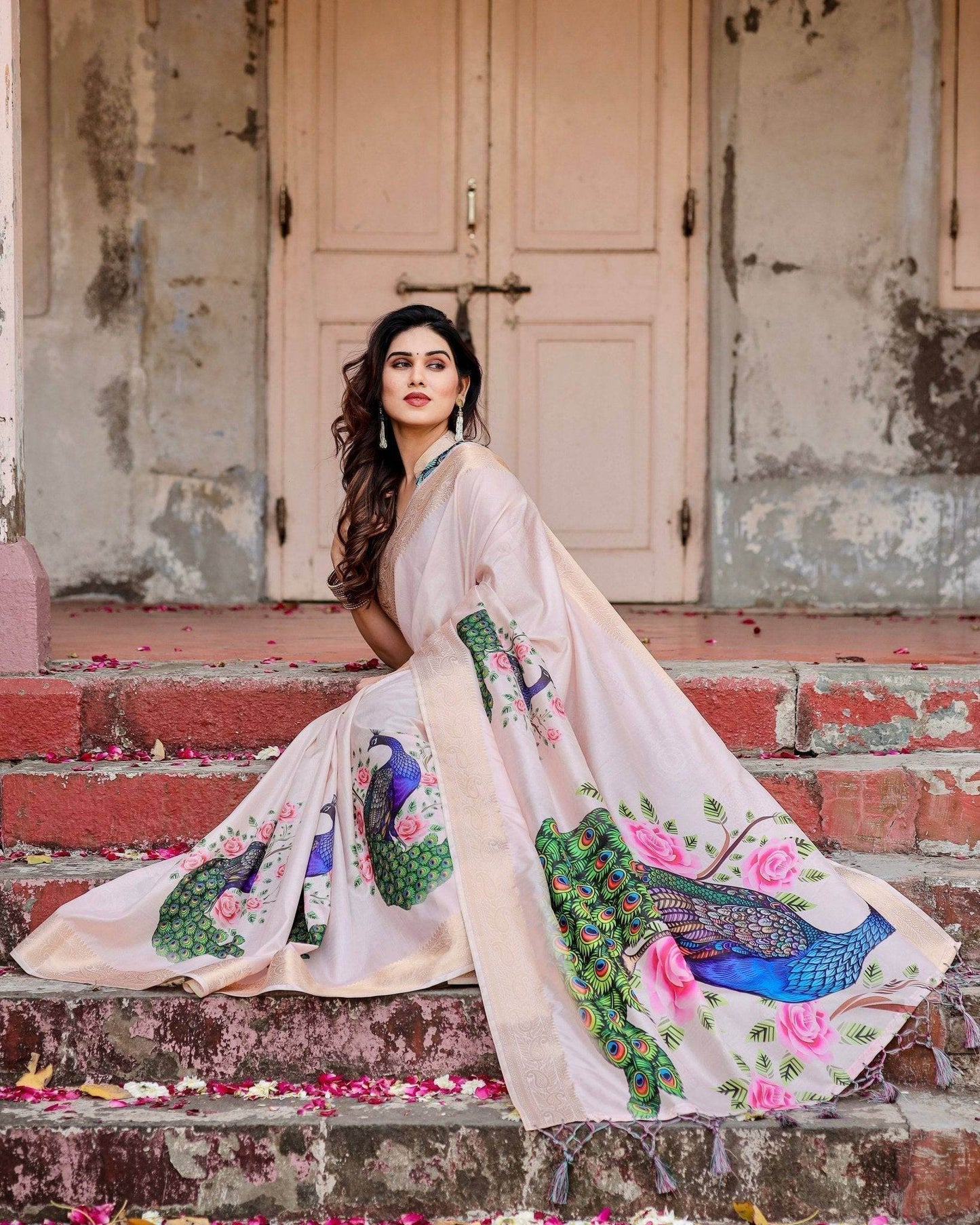 Soft Pastel Pink Tussar Silk Saree with Hand-Painted Peacock and Floral Motifs - SEEANS