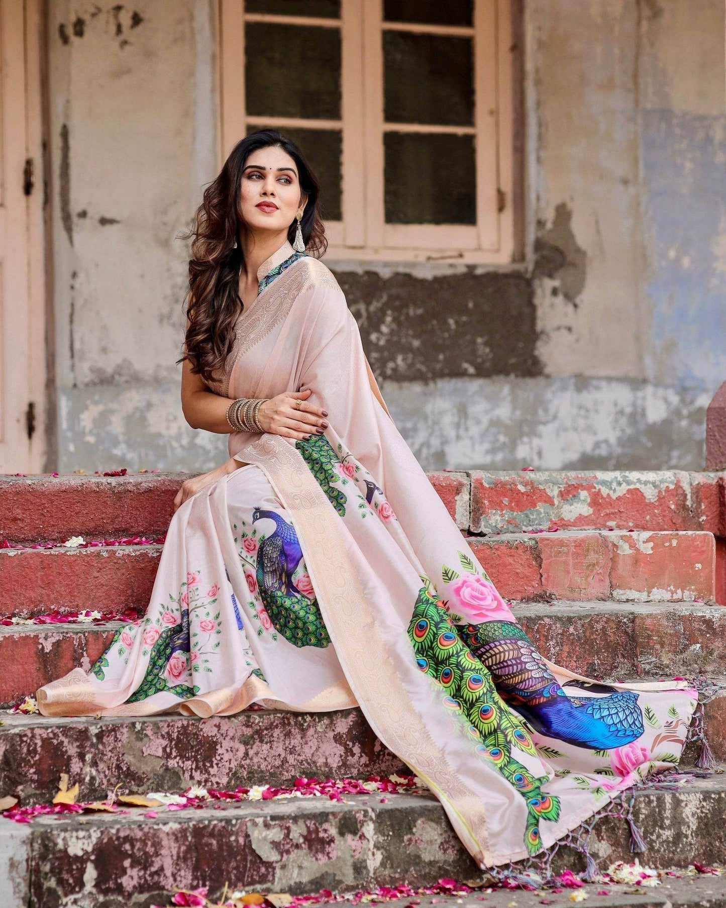 Soft Pastel Pink Tussar Silk Saree with Hand-Painted Peacock and Floral Motifs - SEEANS