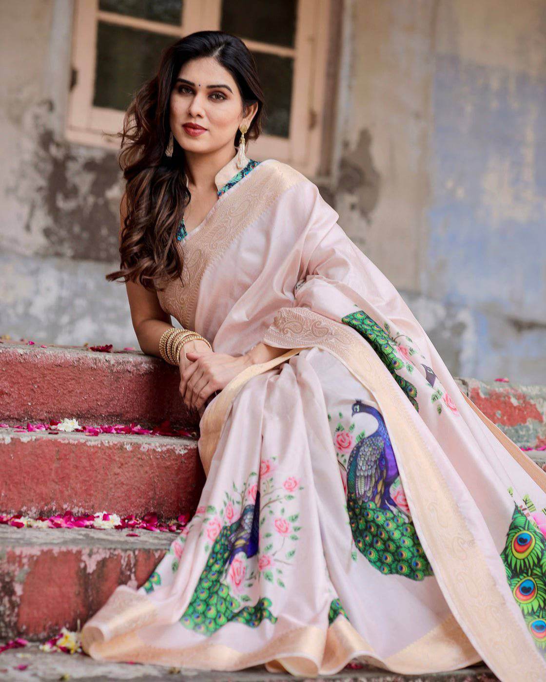 Soft Pastel Pink Tussar Silk Saree with Hand-Painted Peacock and Floral Motifs - SEEANS