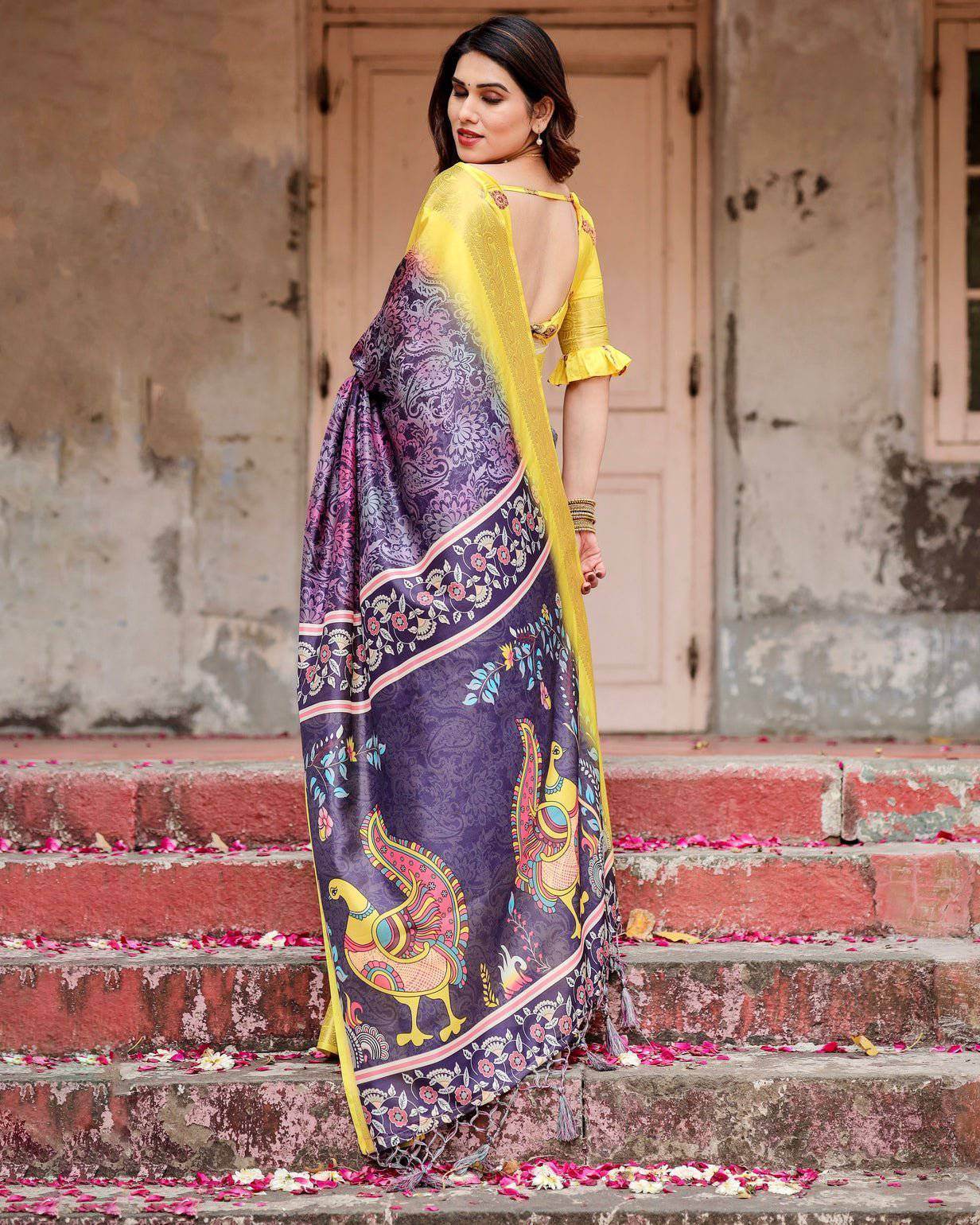 Purple and Yellow Tussar Silk Saree with Artistic Peacock Pallu and Zari Border - SEEANS