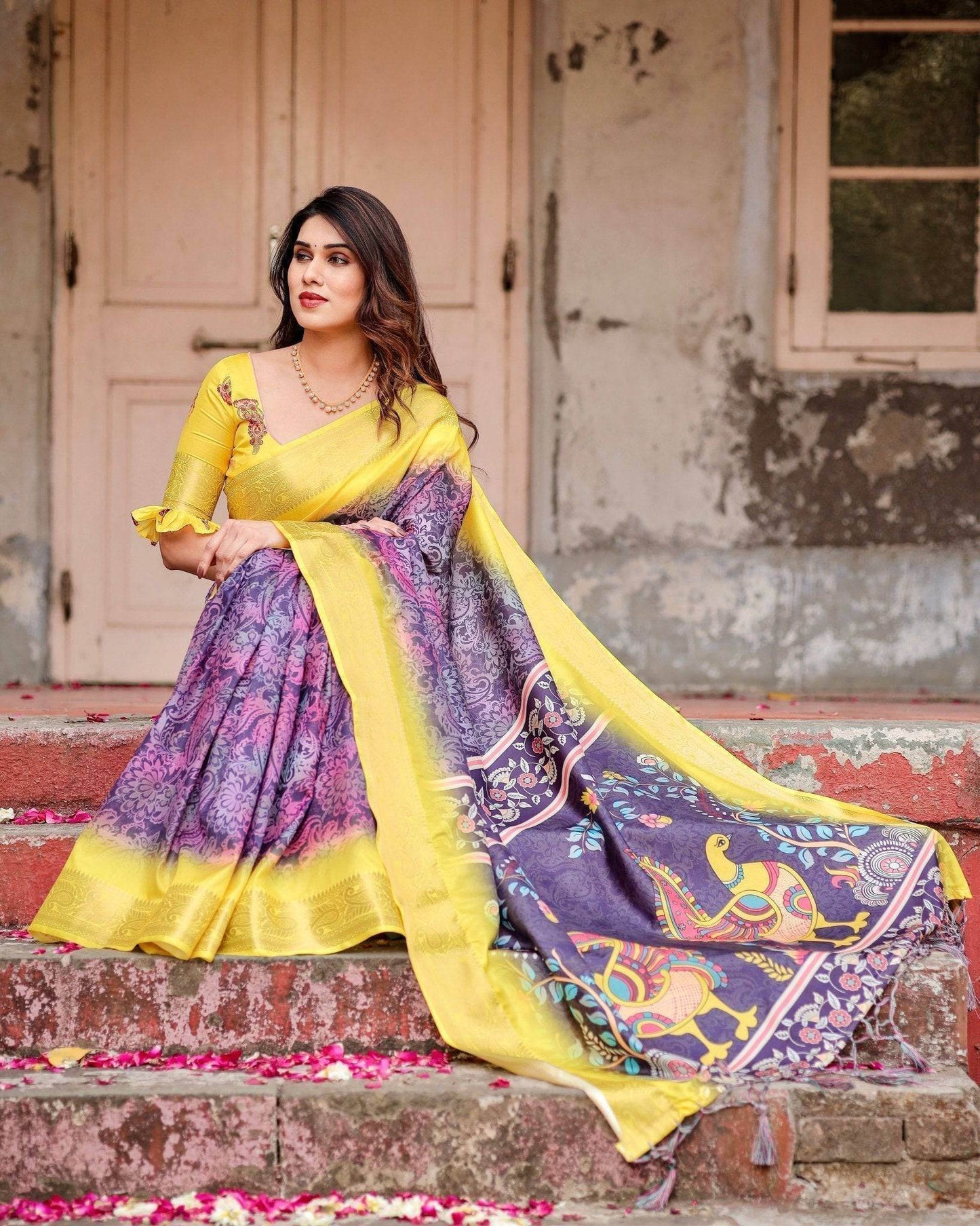 Purple and Yellow Tussar Silk Saree with Artistic Peacock Pallu and Zari Border - SEEANS