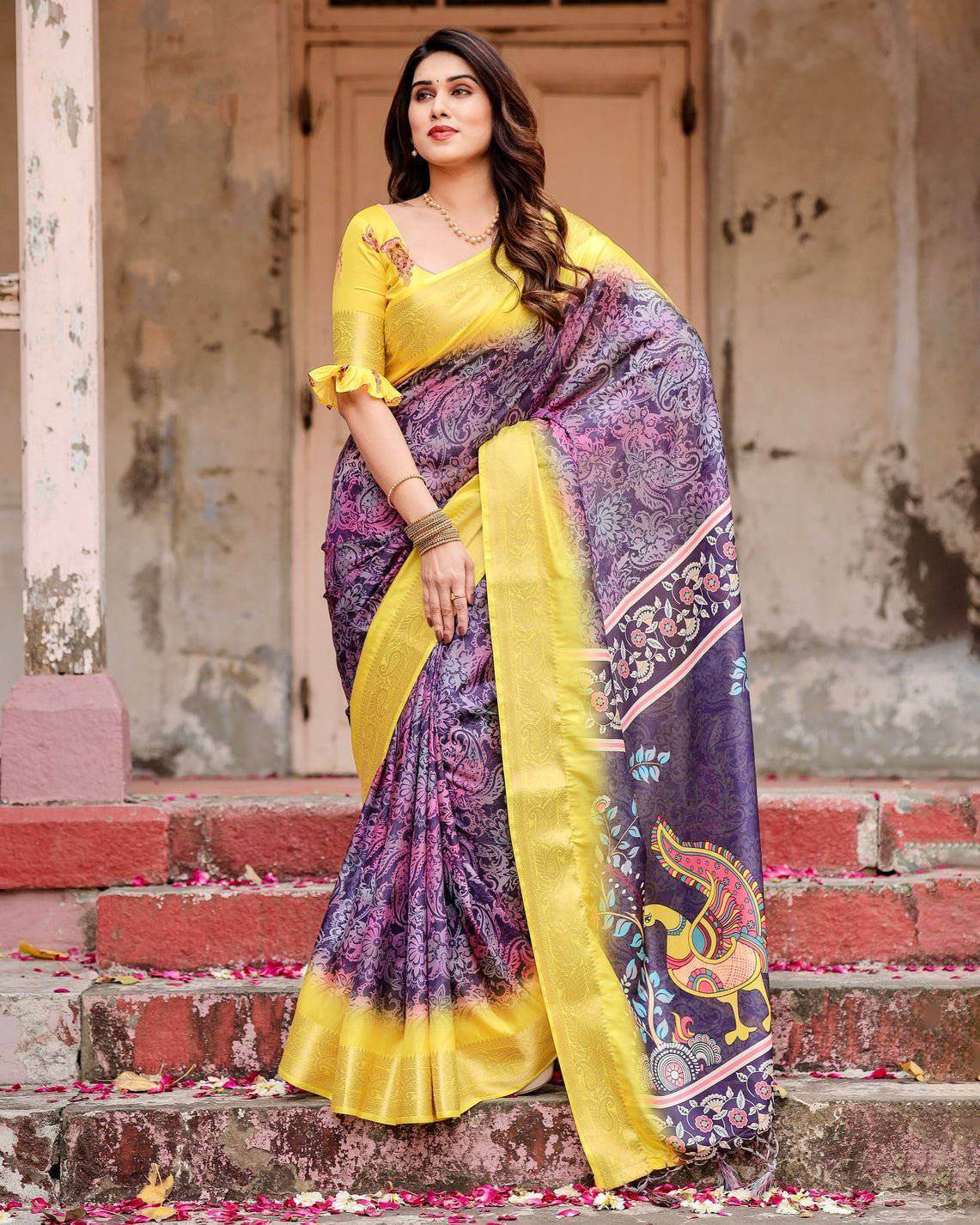 Purple and Yellow Tussar Silk Saree with Artistic Peacock Pallu and Zari Border - SEEANS