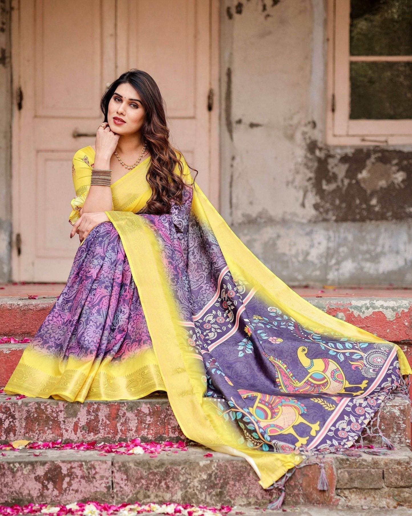 Purple and Yellow Tussar Silk Saree with Artistic Peacock Pallu and Zari Border - SEEANS