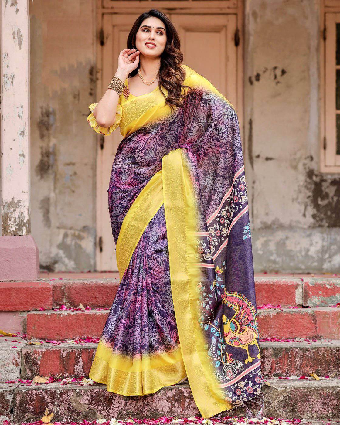 Purple and Yellow Tussar Silk Saree with Artistic Peacock Pallu and Zari Border - SEEANS