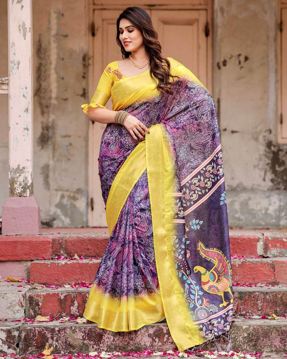 Purple and Yellow Tussar Silk Saree with Artistic Peacock Pallu and Zari Border - SEEANS