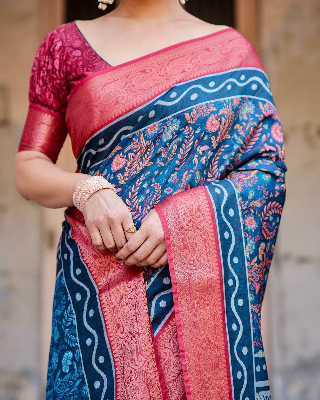 Teal Blue and Coral Tussar Silk Saree with Floral Weaves and Geometric Pallu - SEEANS