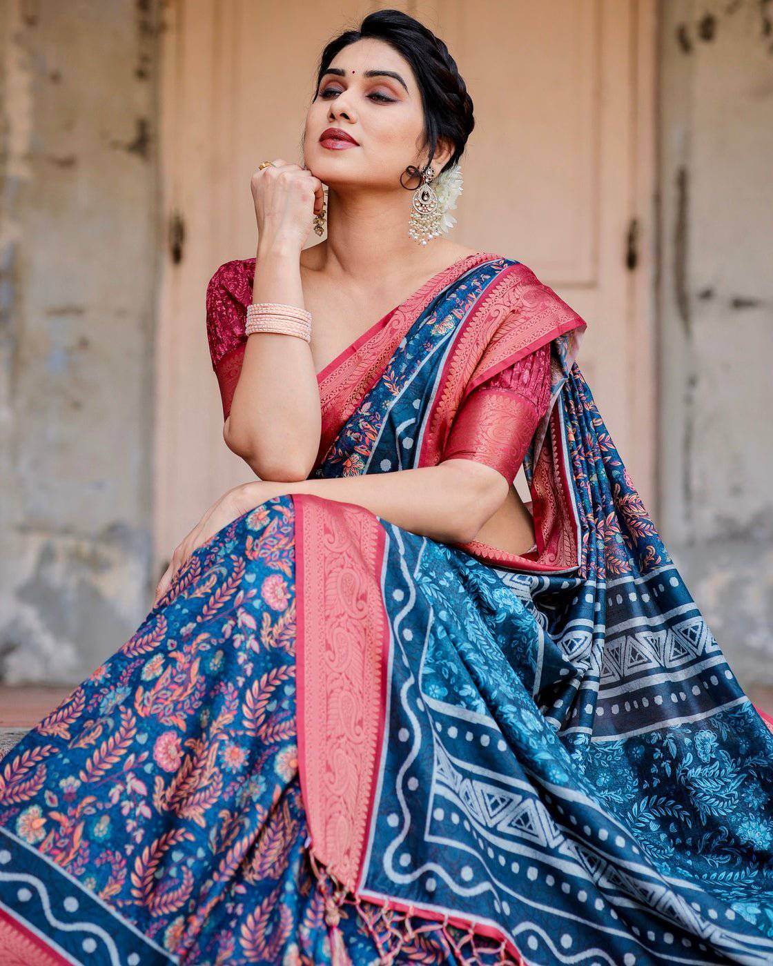 Teal Blue and Coral Tussar Silk Saree with Floral Weaves and Geometric Pallu - SEEANS