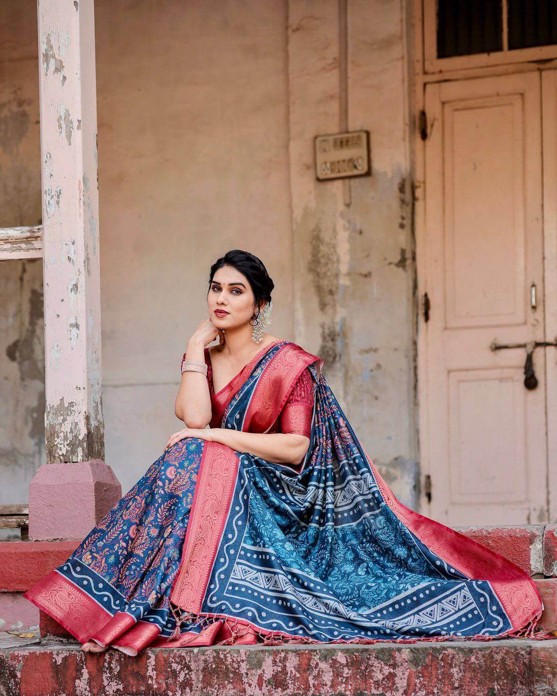 Teal Blue and Coral Tussar Silk Saree with Floral Weaves and Geometric Pallu - SEEANS