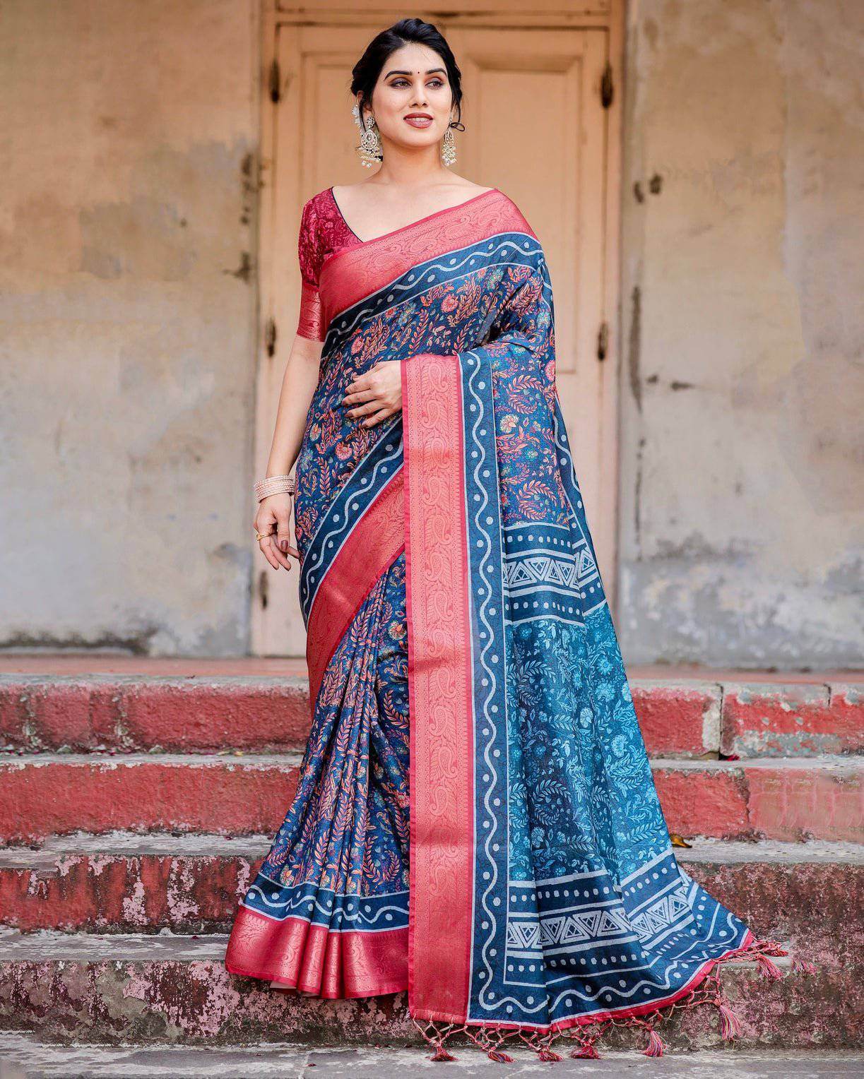 Teal Blue and Coral Tussar Silk Saree with Floral Weaves and Geometric Pallu - SEEANS