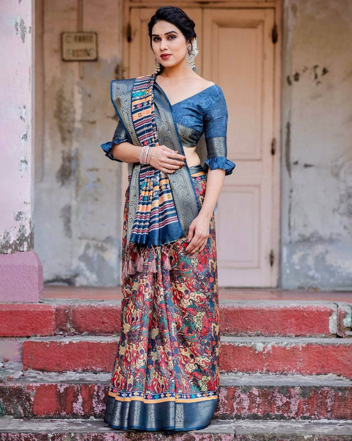 Multicolor Tussar Silk Saree with Vibrant Floral Weaves and Striped Pallu - SEEANS