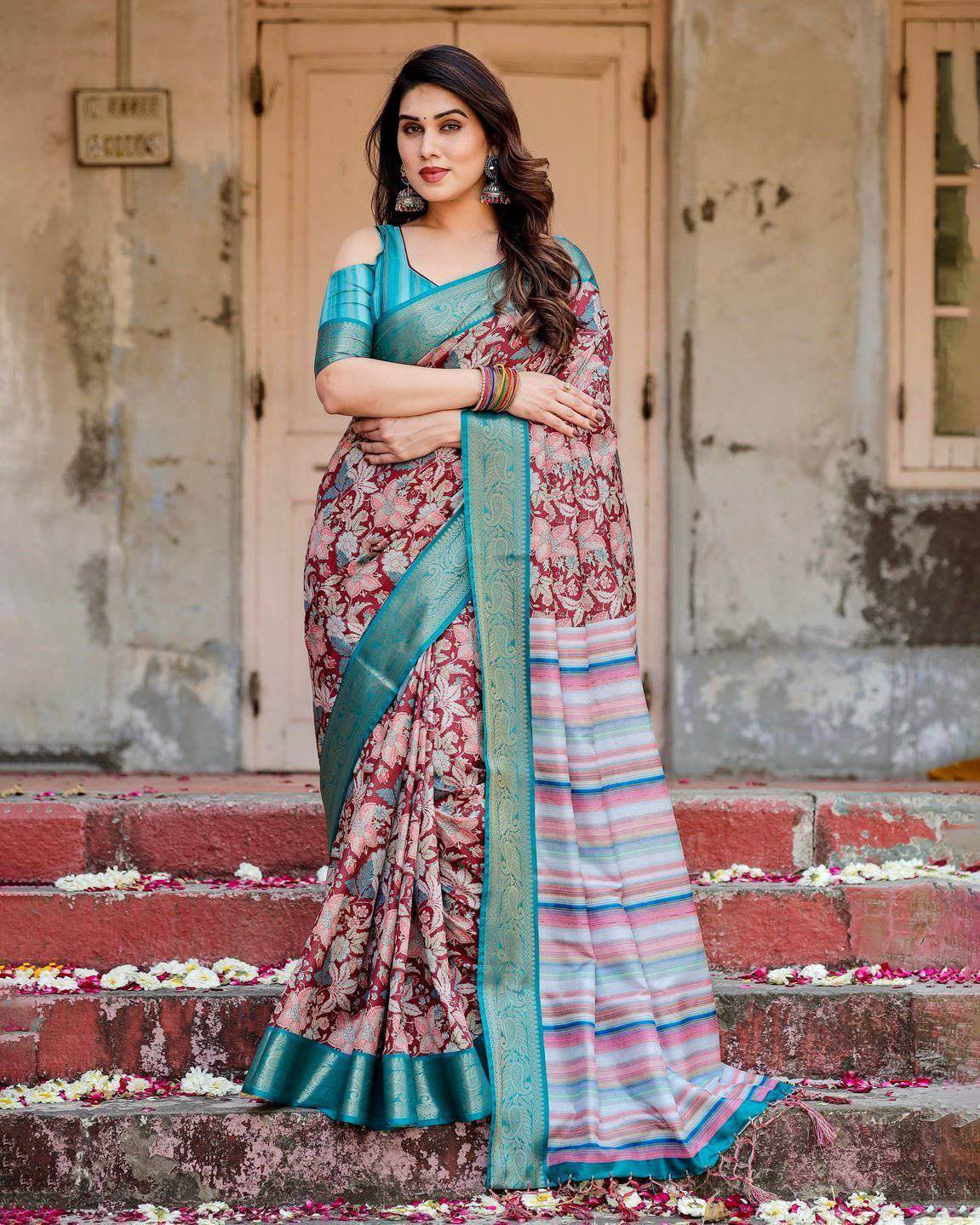 Maroon and Teal Tussar Silk Saree with Floral Zari Weave and Striped Pallu - SEEANS