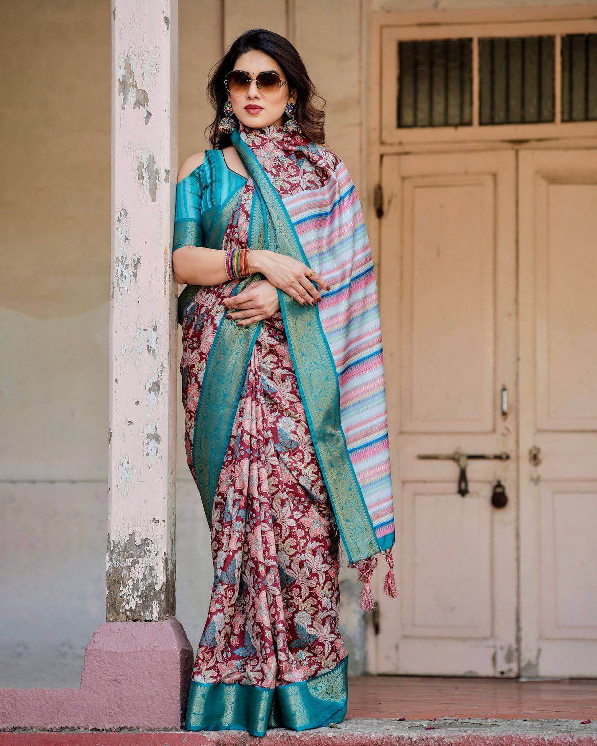 Maroon and Teal Tussar Silk Saree with Floral Zari Weave and Striped Pallu - SEEANS