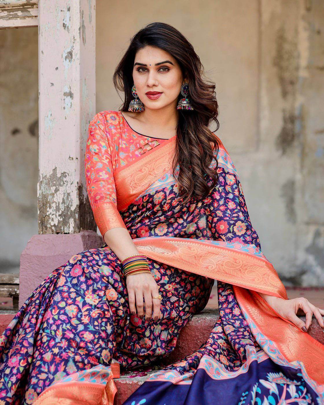 Navy Blue and Peach Tussar Silk Saree with Peacock Motifs and Floral Zari Border - SEEANS