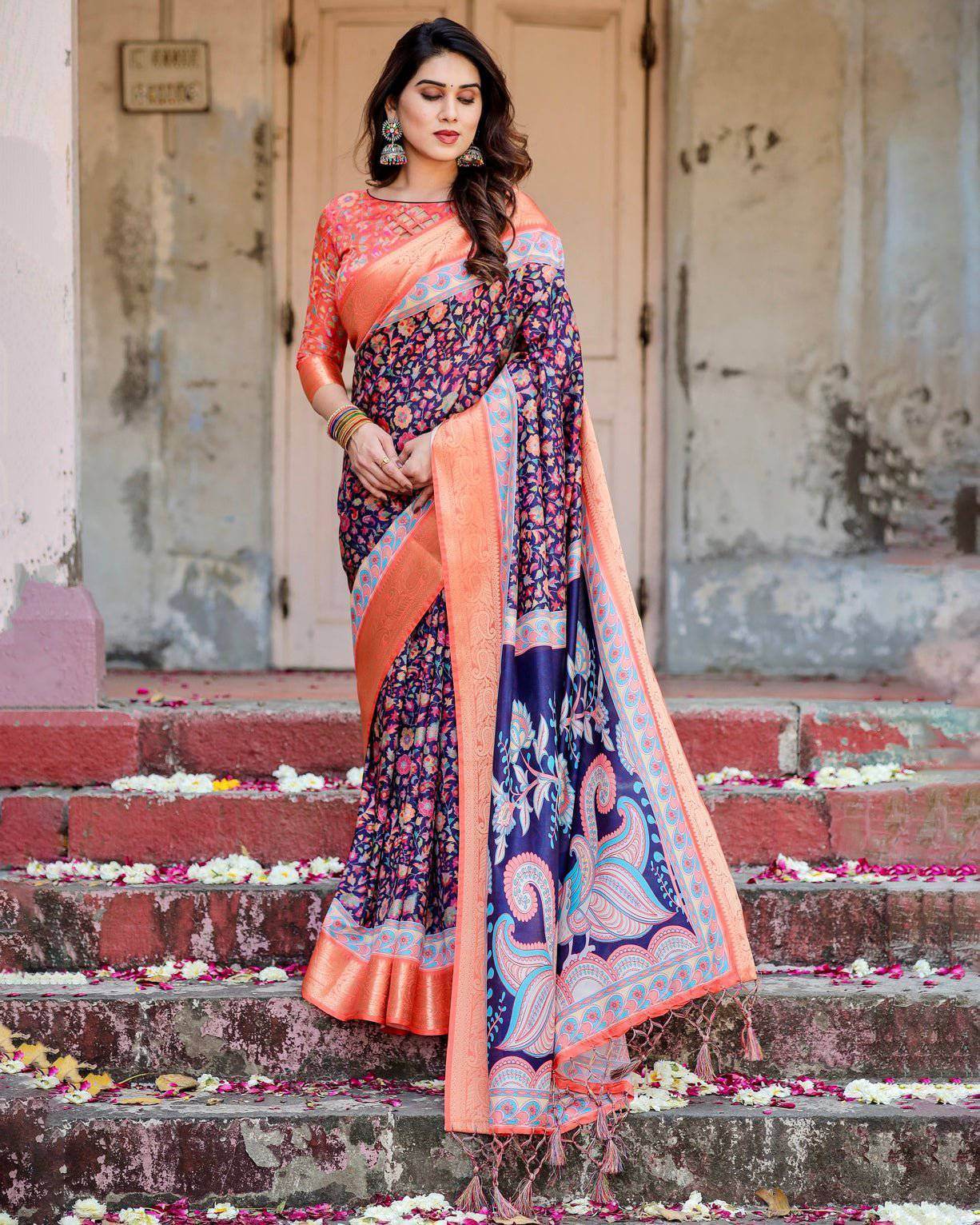 Navy Blue and Peach Tussar Silk Saree with Peacock Motifs and Floral Zari Border - SEEANS