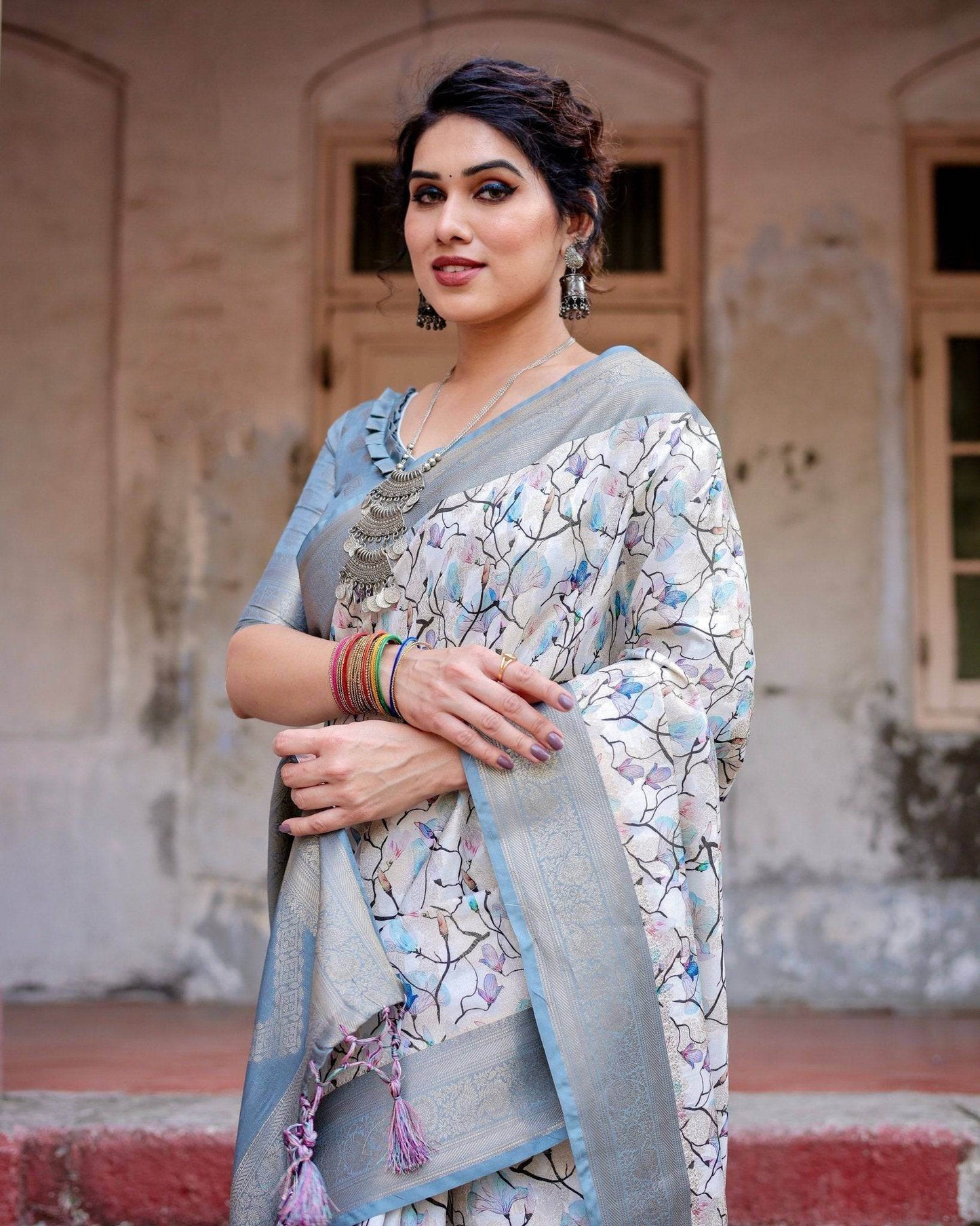 Elegant Light Blue Banarasi Silk Saree with Floral Design and Zari Weaved Pallu - SEEANS