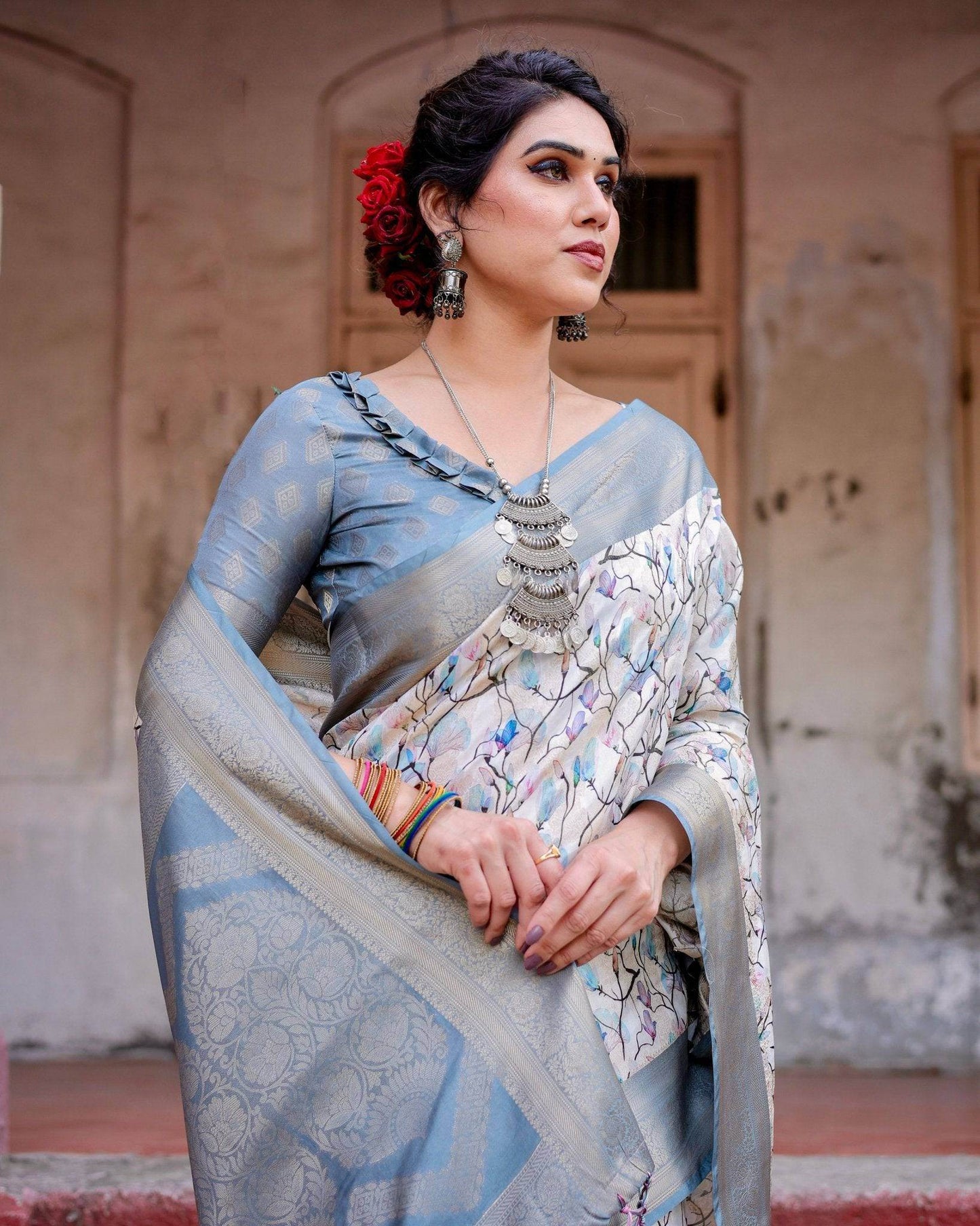 Elegant Light Blue Banarasi Silk Saree with Floral Design and Zari Weaved Pallu - SEEANS