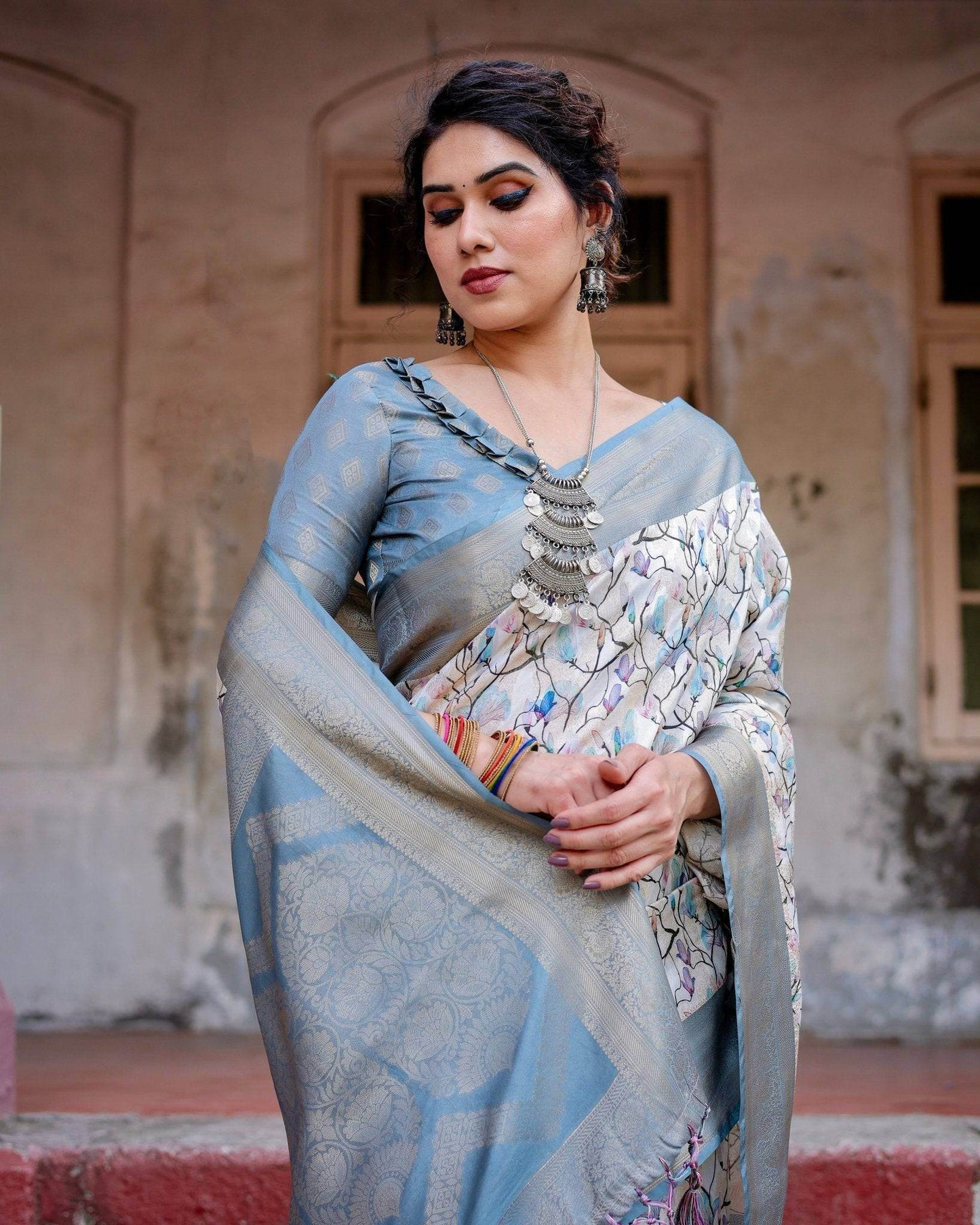 Elegant Light Blue Banarasi Silk Saree with Floral Design and Zari Weaved Pallu - SEEANS