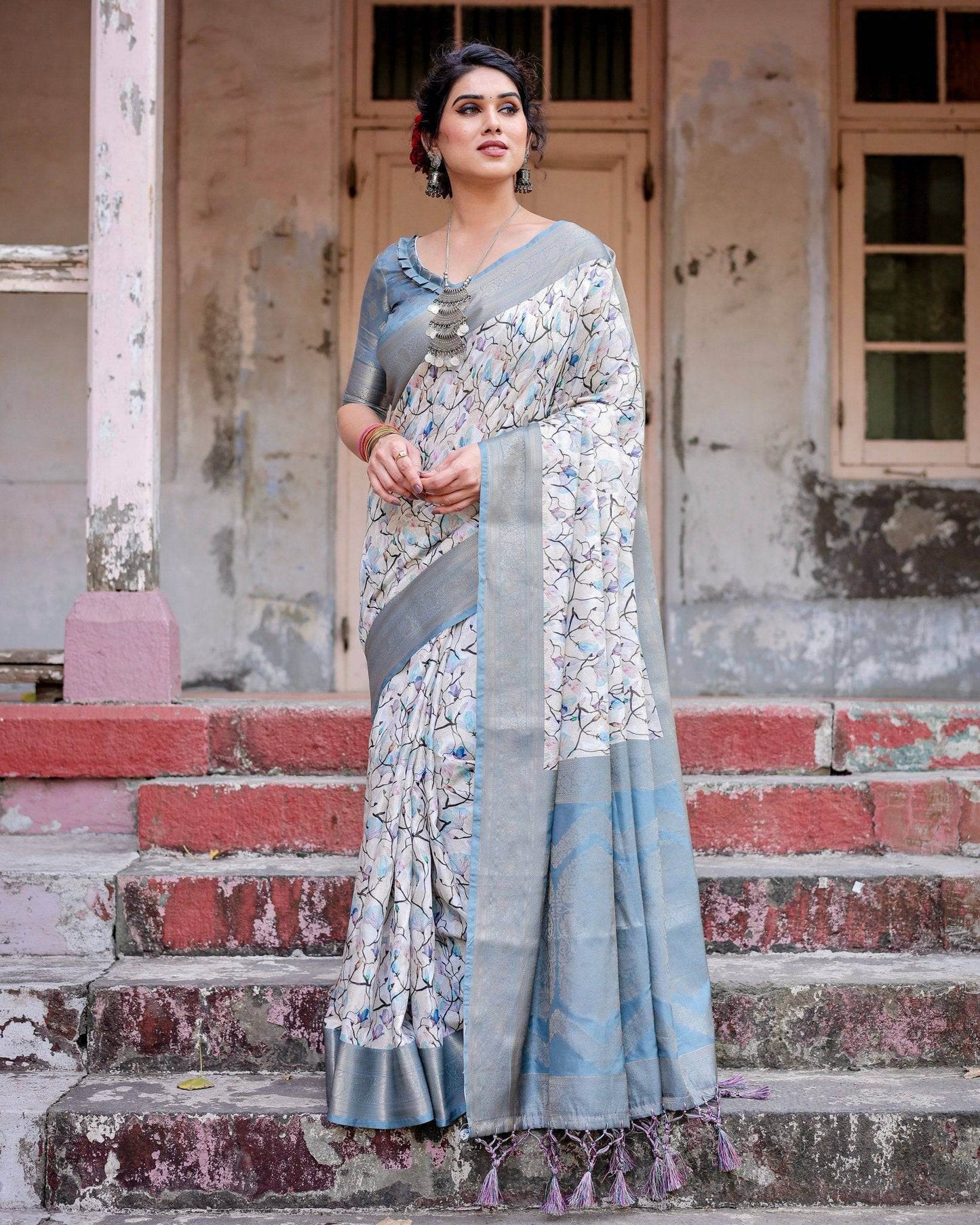 Elegant Light Blue Banarasi Silk Saree with Floral Design and Zari Weaved Pallu - SEEANS