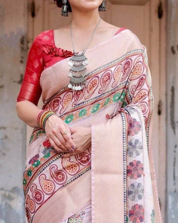 Peach Banarasi Silk Saree with Intricate Paisley and Floral Design - SEEANS