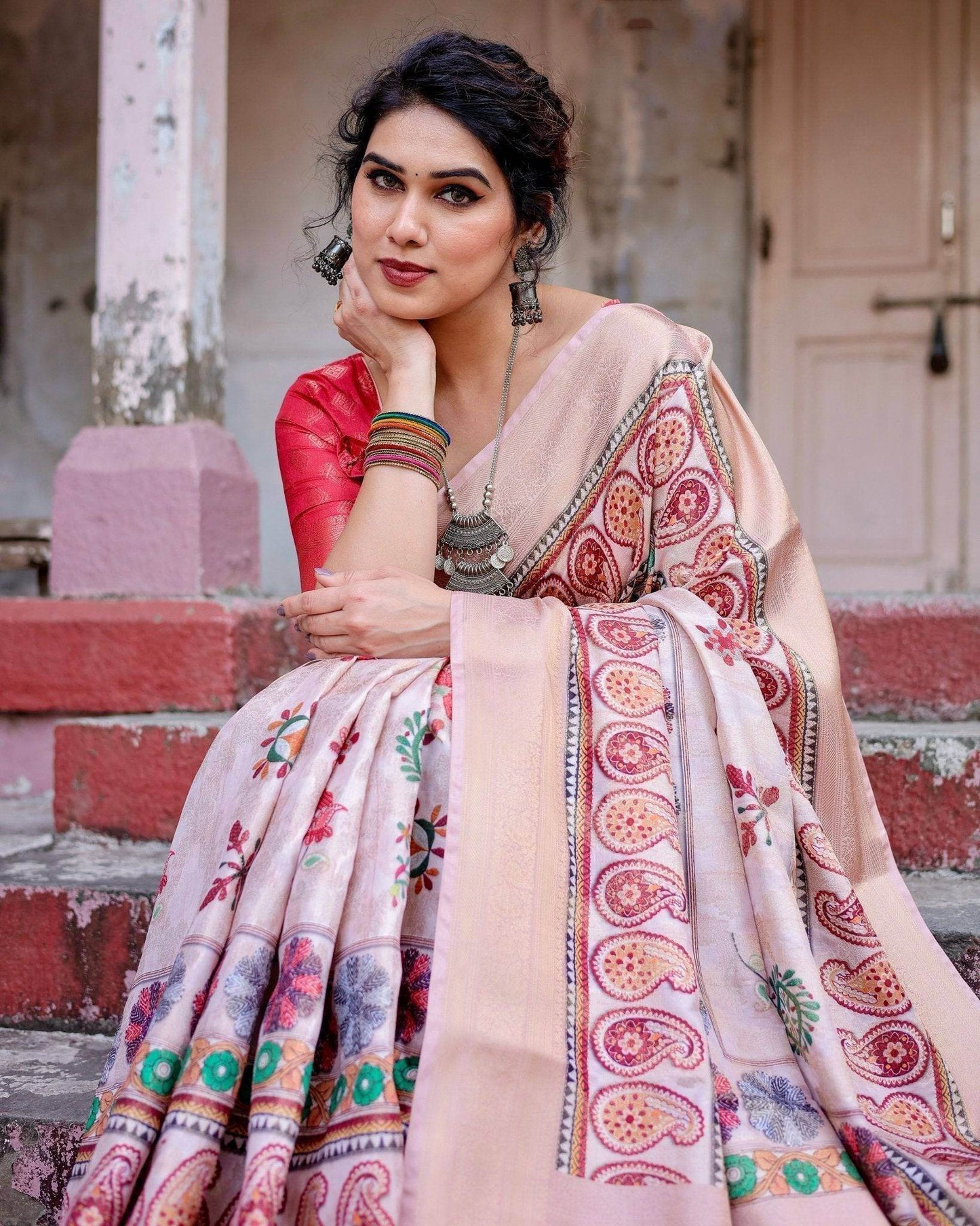 Peach Banarasi Silk Saree with Intricate Paisley and Floral Design - SEEANS
