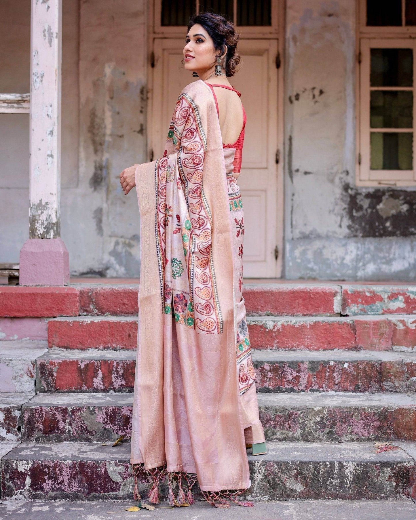 Peach Banarasi Silk Saree with Intricate Paisley and Floral Design - SEEANS