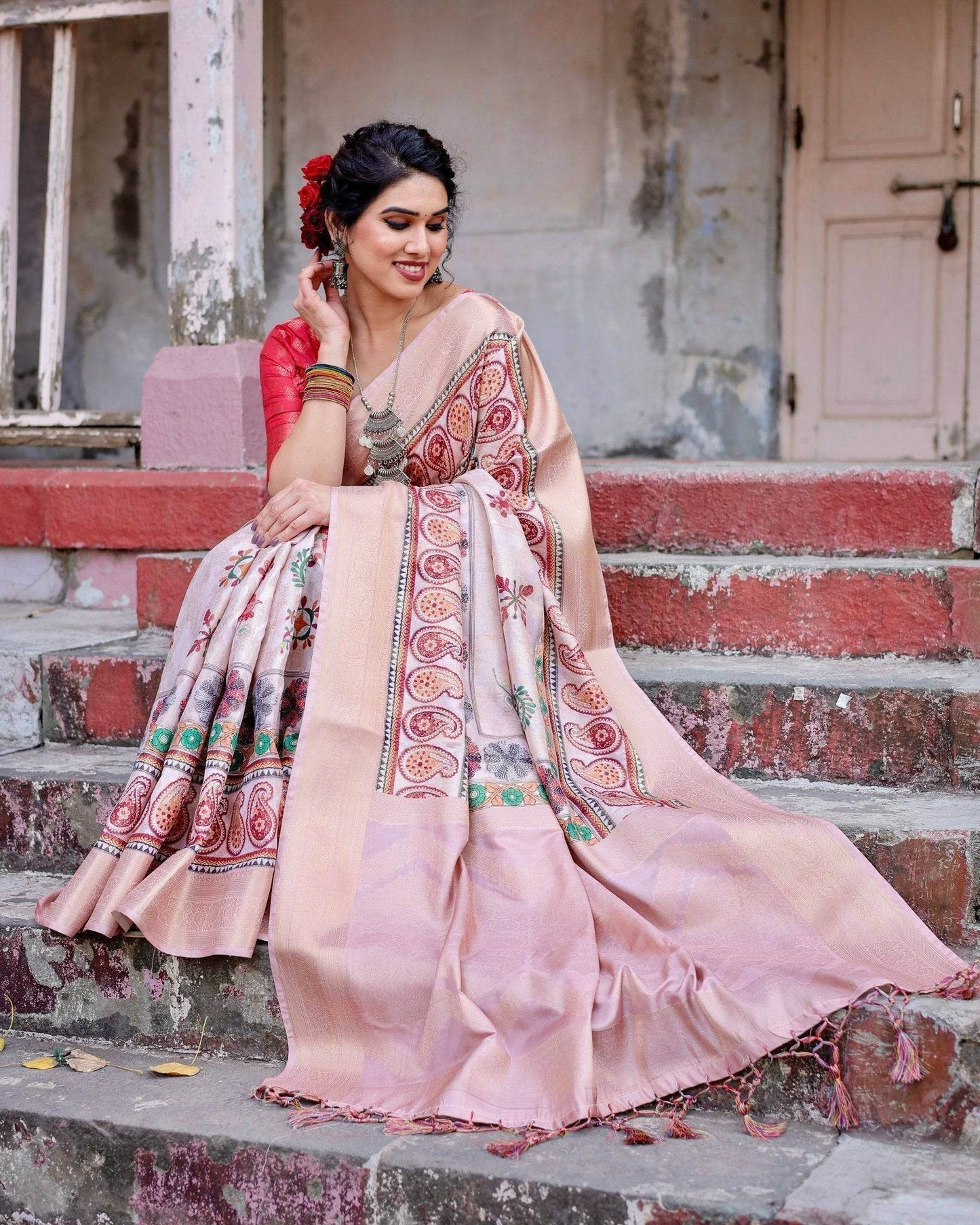 Peach Banarasi Silk Saree with Intricate Paisley and Floral Design - SEEANS