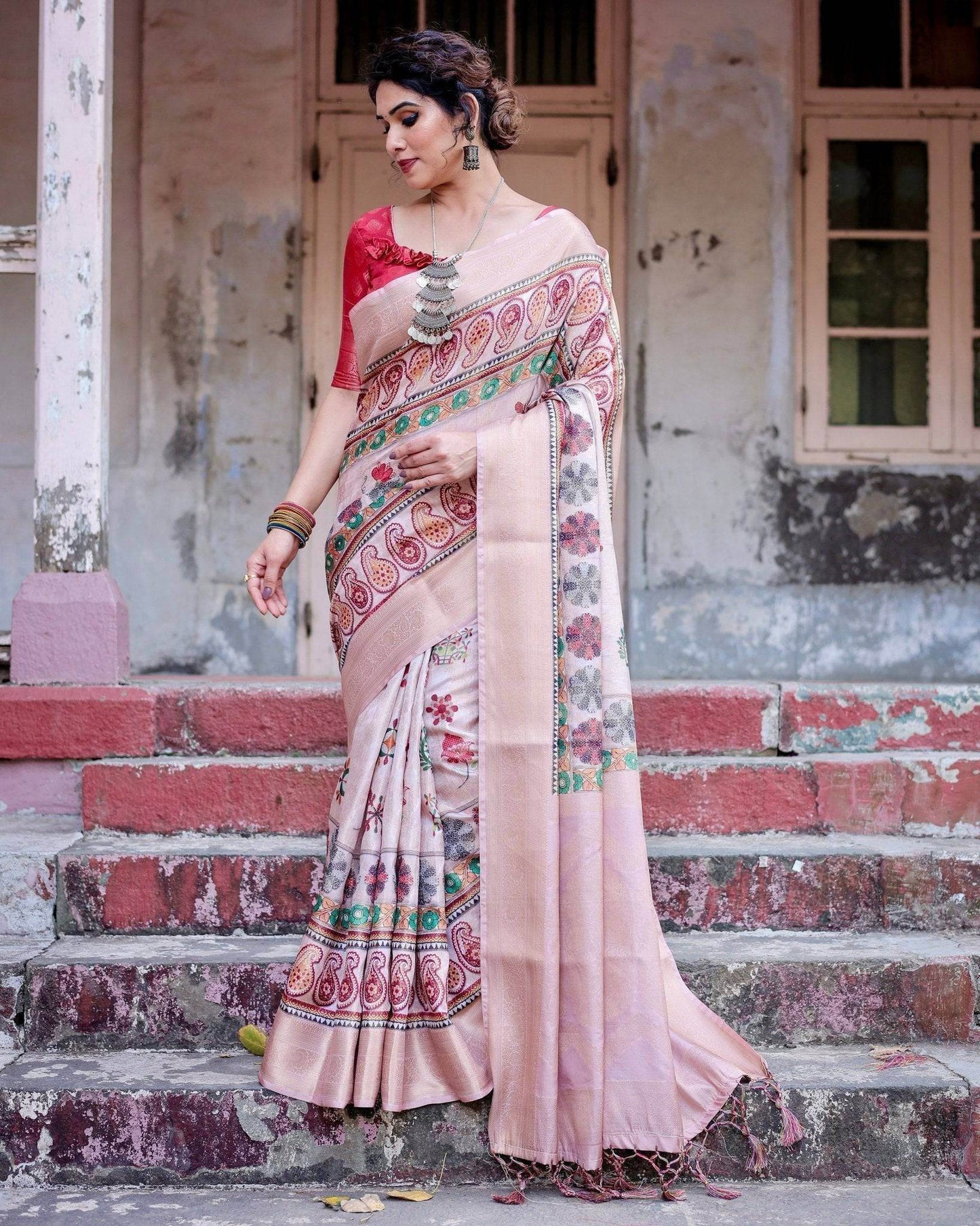 Peach Banarasi Silk Saree with Intricate Paisley and Floral Design - SEEANS