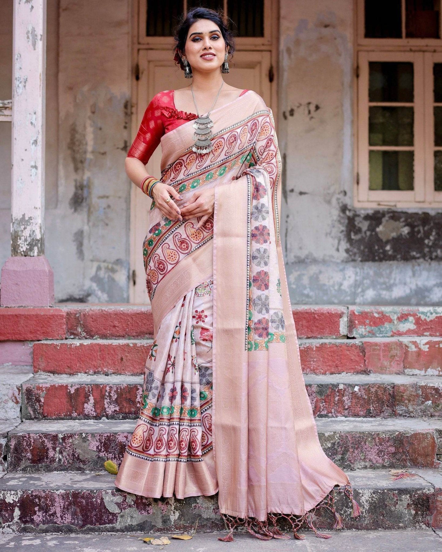 Peach Banarasi Silk Saree with Intricate Paisley and Floral Design - SEEANS