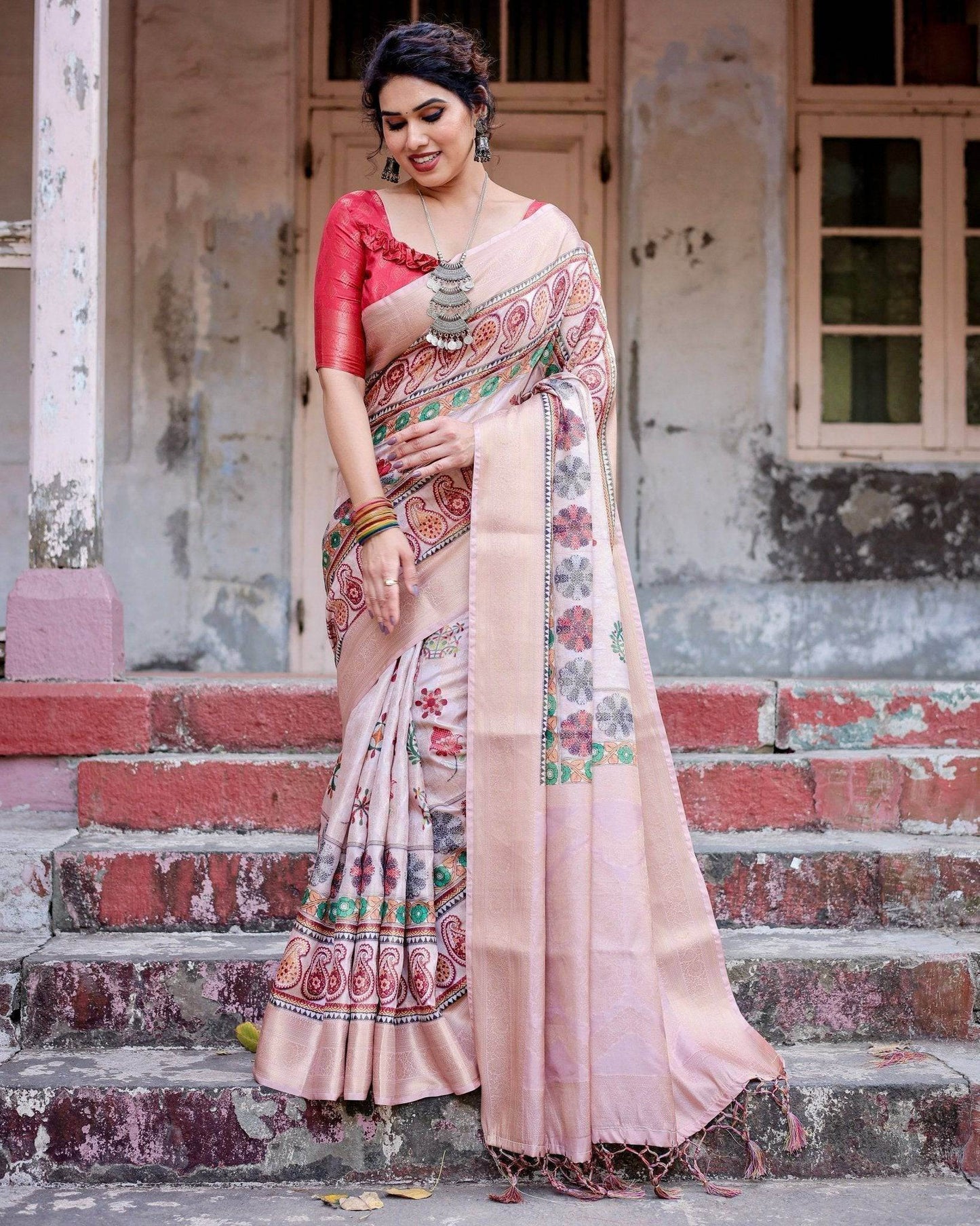 Peach Banarasi Silk Saree with Intricate Paisley and Floral Design - SEEANS