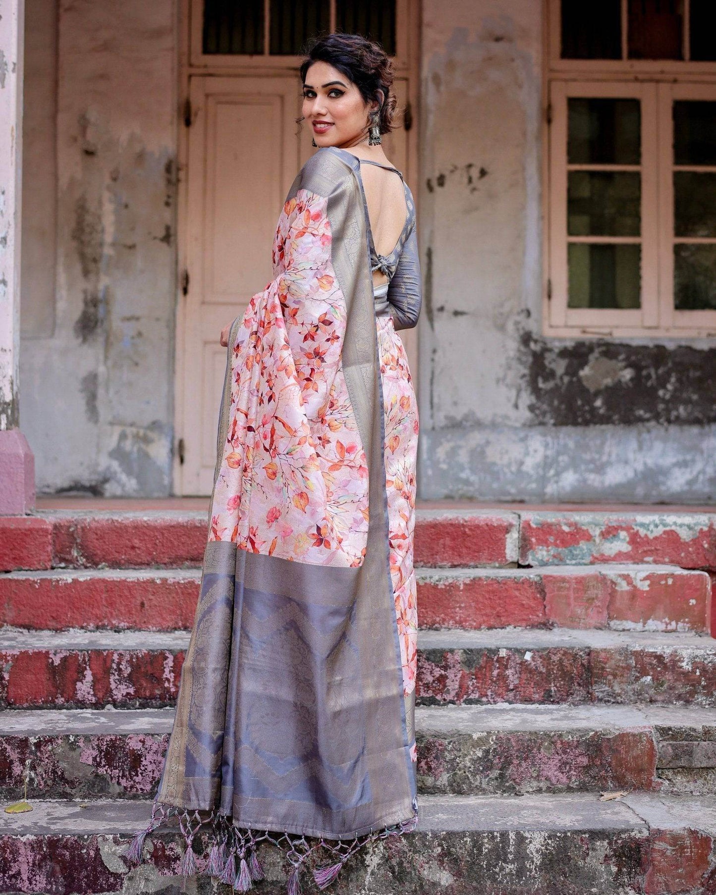Graceful Grey Banarasi Silk Saree with Floral Elegance and Zari Accents - SEEANS