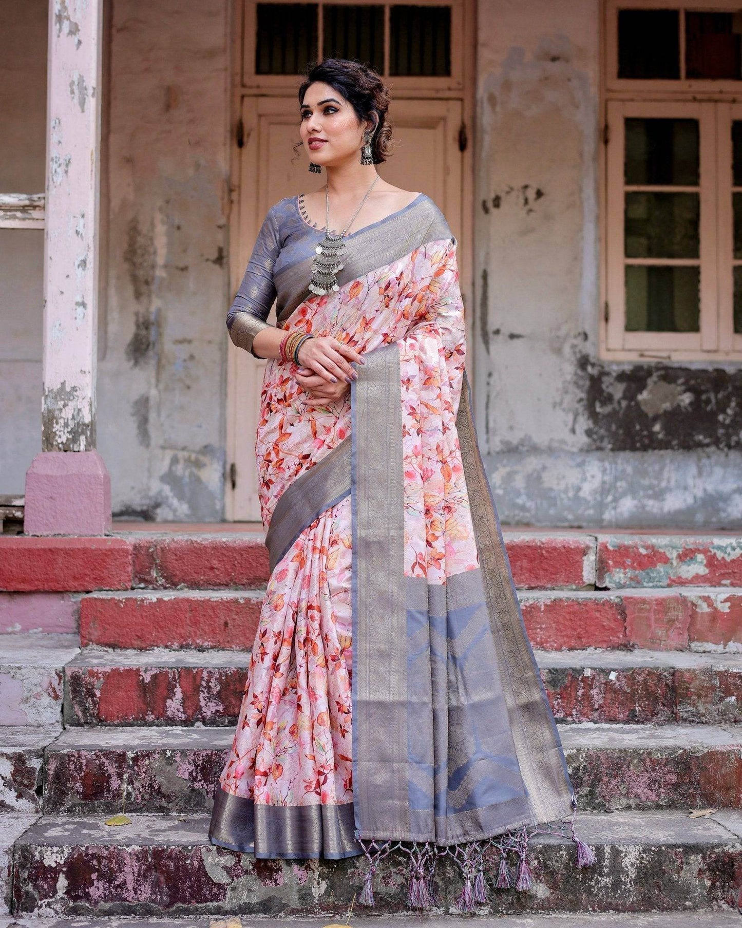 Graceful Grey Banarasi Silk Saree with Floral Elegance and Zari Accents - SEEANS