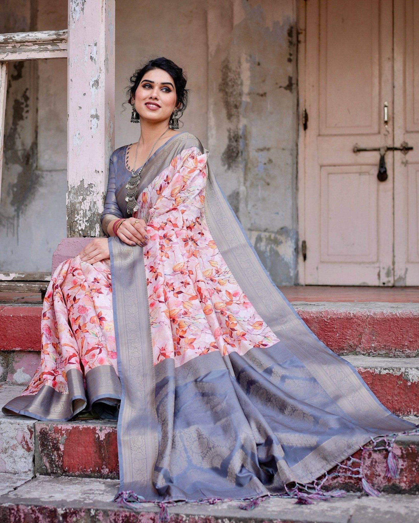 Graceful Grey Banarasi Silk Saree with Floral Elegance and Zari Accents - SEEANS