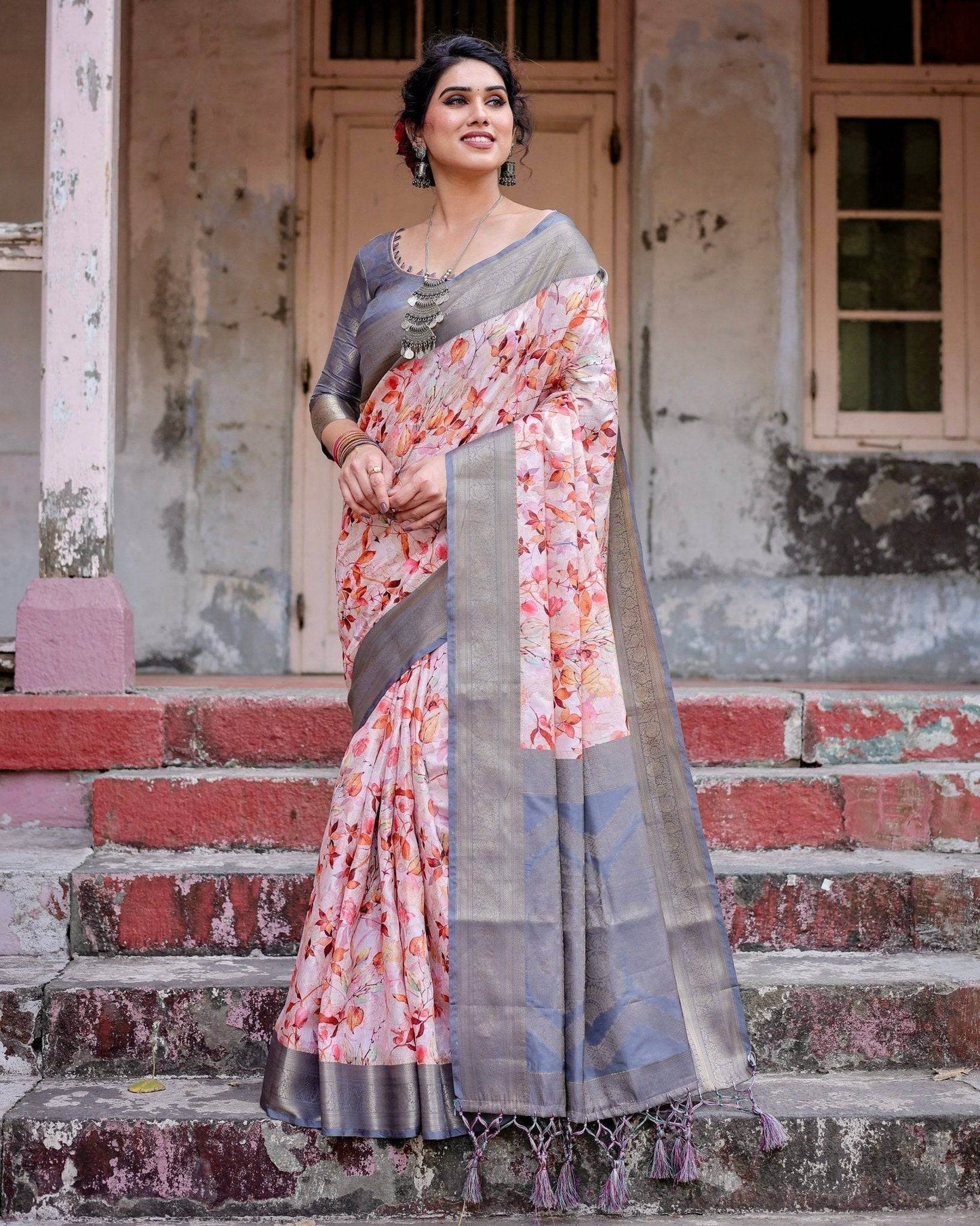 Graceful Grey Banarasi Silk Saree with Floral Elegance and Zari Accents - SEEANS