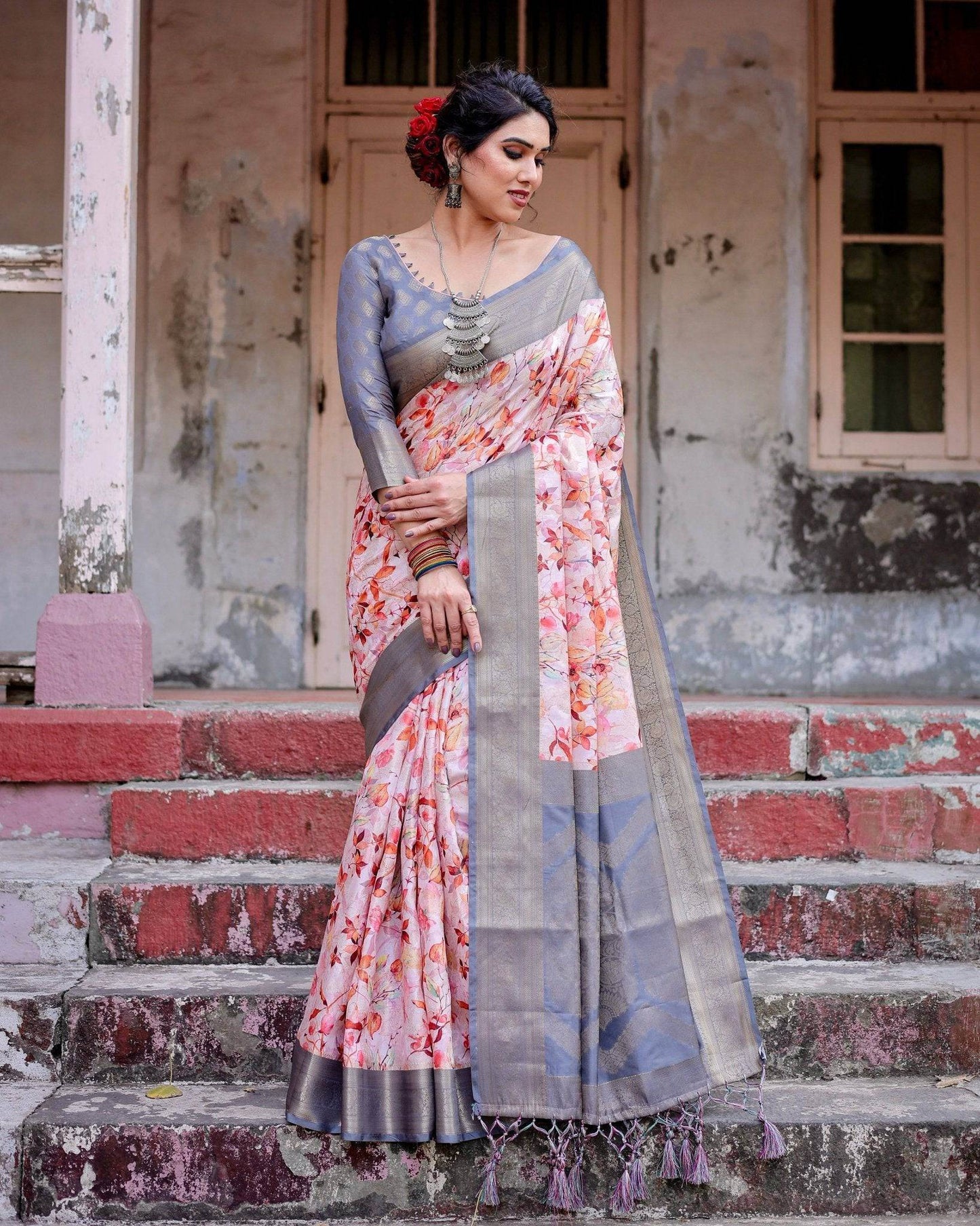 Graceful Grey Banarasi Silk Saree with Floral Elegance and Zari Accents - SEEANS