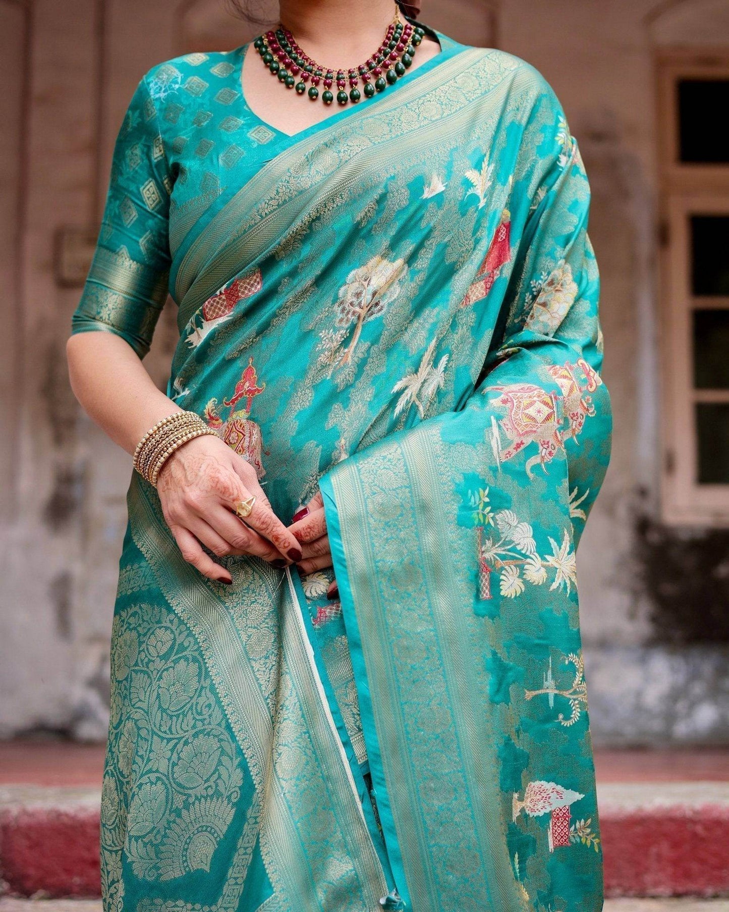 Elegant Teal Green Banarasi Silk Saree with Intricate Zari Weaving and Tassels - SEEANS
